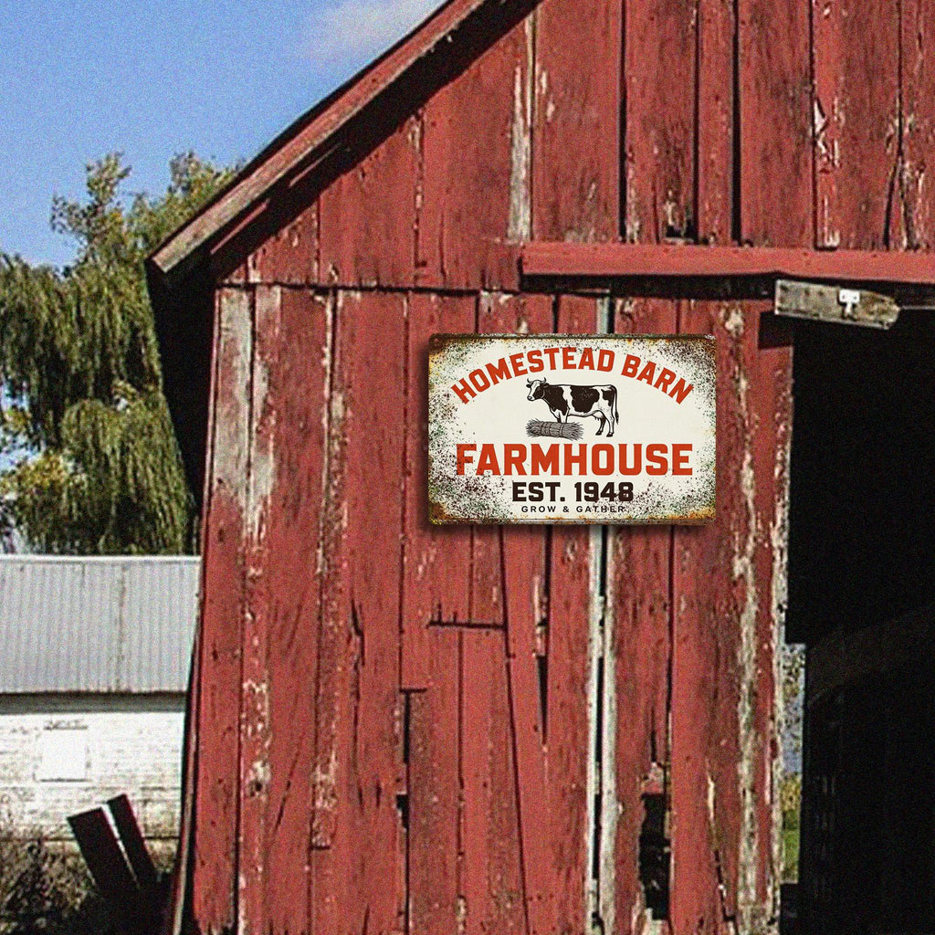 Rustic Homestead Barn Metal Sign, Farmhouse Wall Decor with Cow and Haystack Design for Kitchen or Country Home