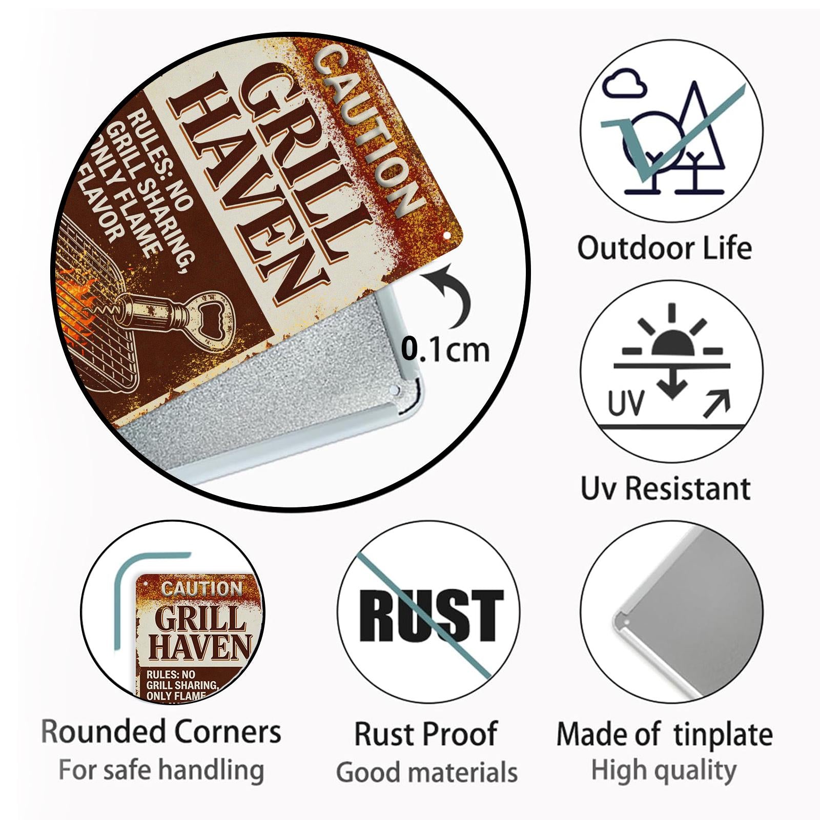 Vintage Grill Haven Metal Sign with Flame Design, Rustic Outdoor Kitchen Decor for Backyard and Patio