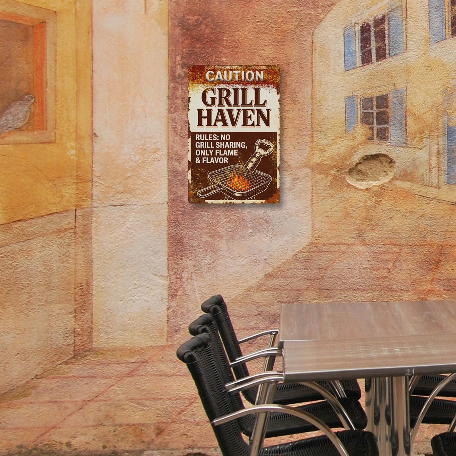 Vintage Grill Haven Metal Sign with Flame Design, Rustic Outdoor Kitchen Decor for Backyard and Patio