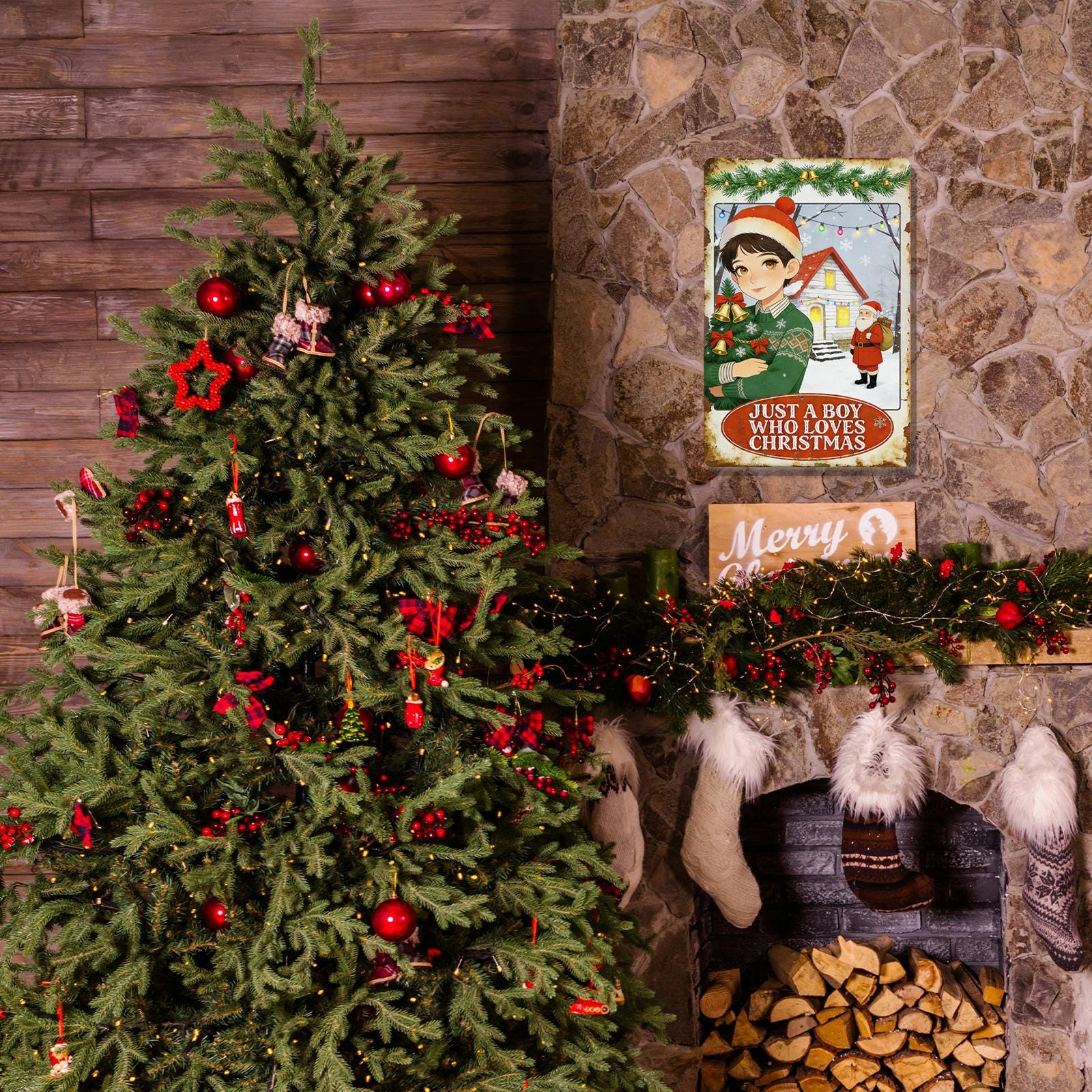 Vintage Christmas Boy Metal Wall Sign with Santa and Tree, ‘Just a Boy Who Loves Christmas’ Holiday Home Decor