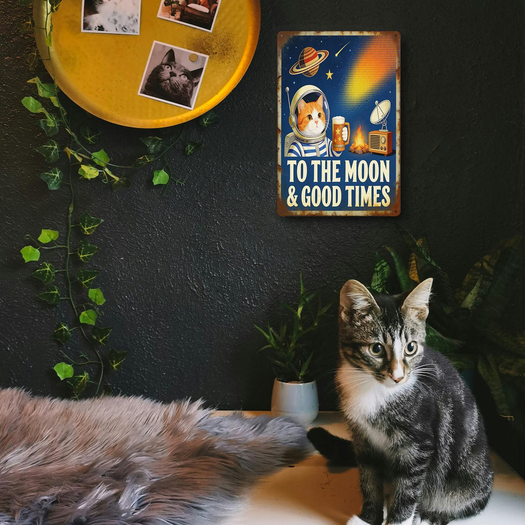 Retro Space Katze Metallschild mit Bier und Saturn, "To The Moon And Good Times" Bar und H…