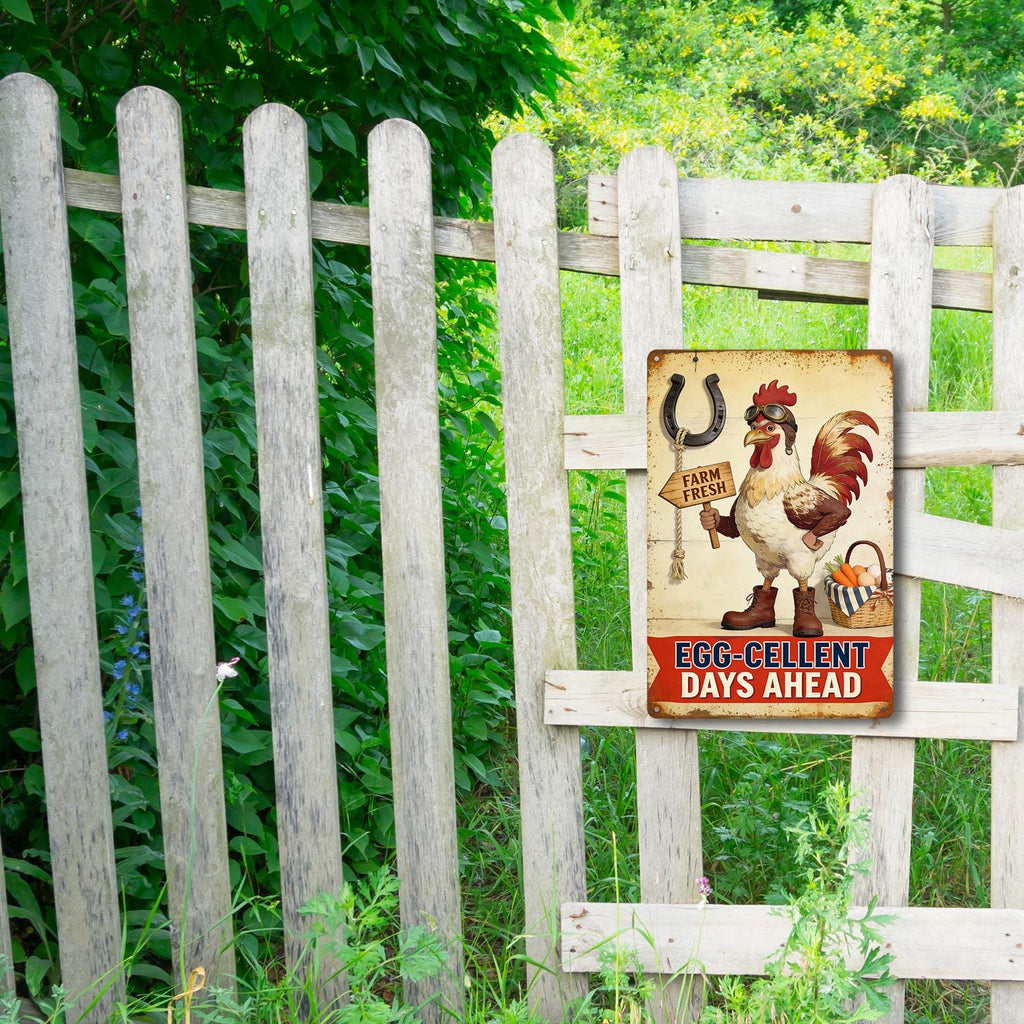 Panneau métallique vintage « Coq de ferme » avec inscription « Egg Cellent Days Ahead », cuisine crème…