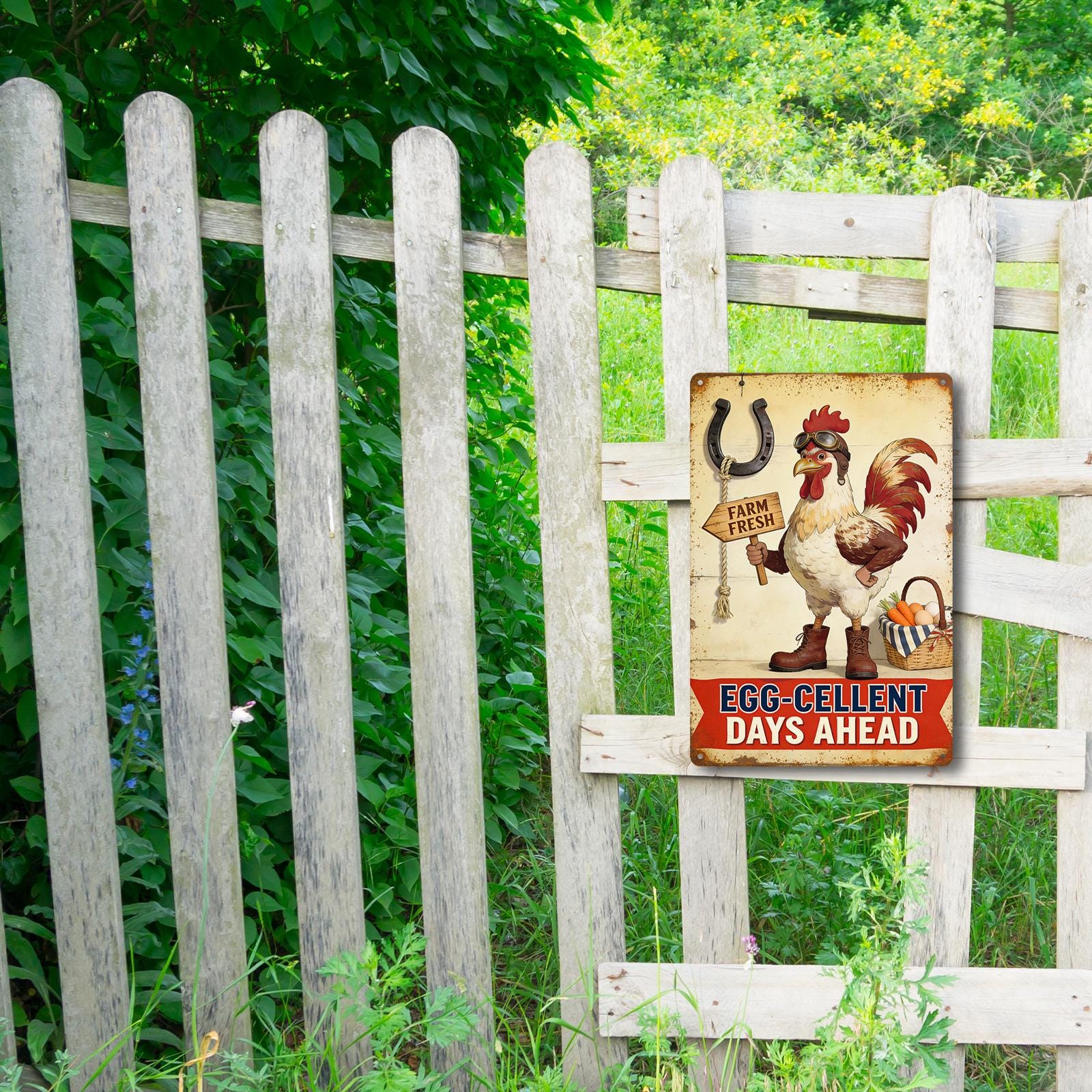 Panneau métallique vintage « Coq de ferme » avec inscription « Egg Cellent Days Ahead », cuisine crème…