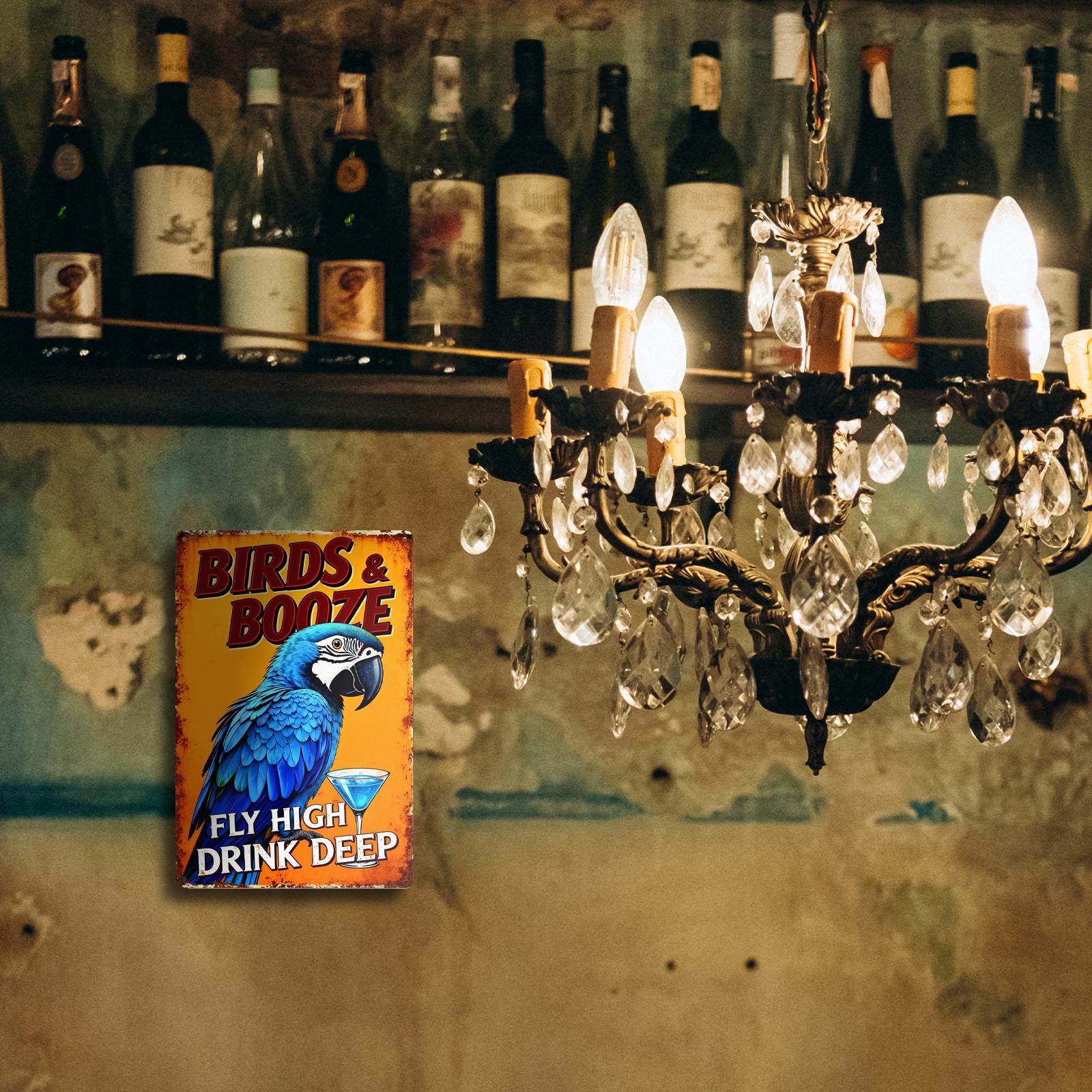 Vintage Parrot and Cocktail Metal Sign with 'Birds And Booze Fly High' Bar Decor for Home, Garage or Pub