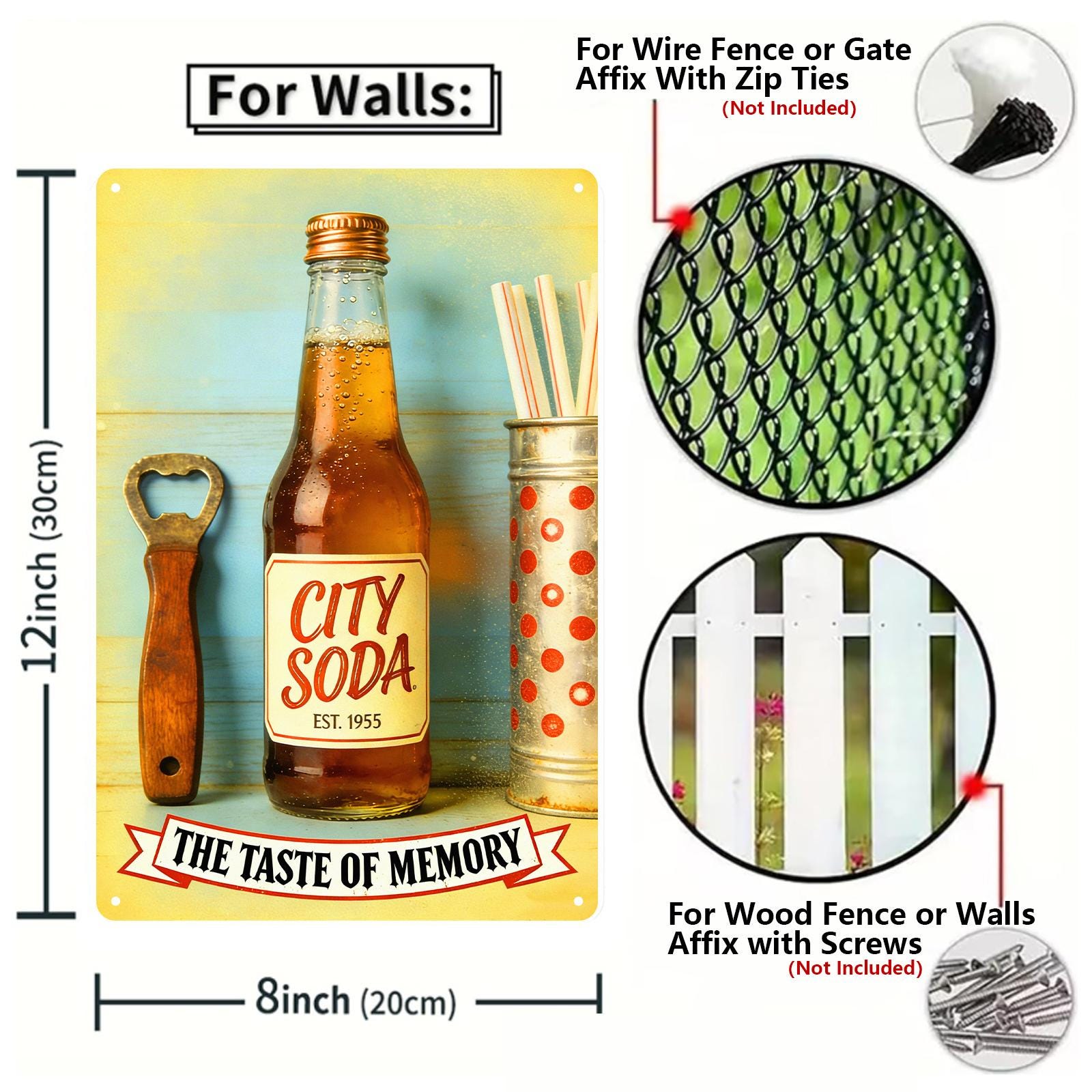 Vintage Soda Pop Metal Sign with Bottle Opener Art, 'Taste Of Memory' Yellow Retro Design for Kitchen Wall Decor