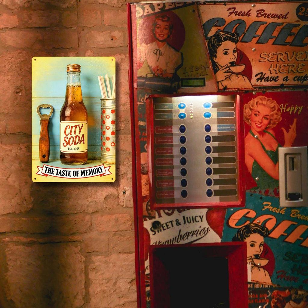 Enseigne métallique vintage pour soda avec décapsuleur, art « Taste Of Memory » jaune rétro…