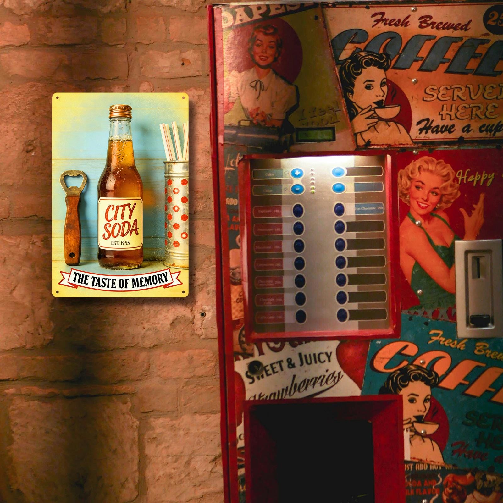 Vintage Soda Pop Metal Sign with Bottle Opener Art, 'Taste Of Memory' Yellow Retro Design for Kitchen Wall Decor