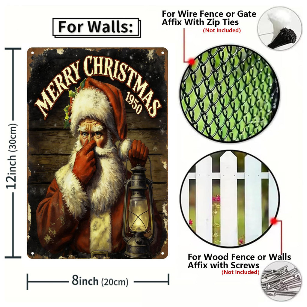 Vintage 1950er Weihnachtsmann-Metallschild mit Laterne und Stille-Geste, rot-weiß-fröhlich…