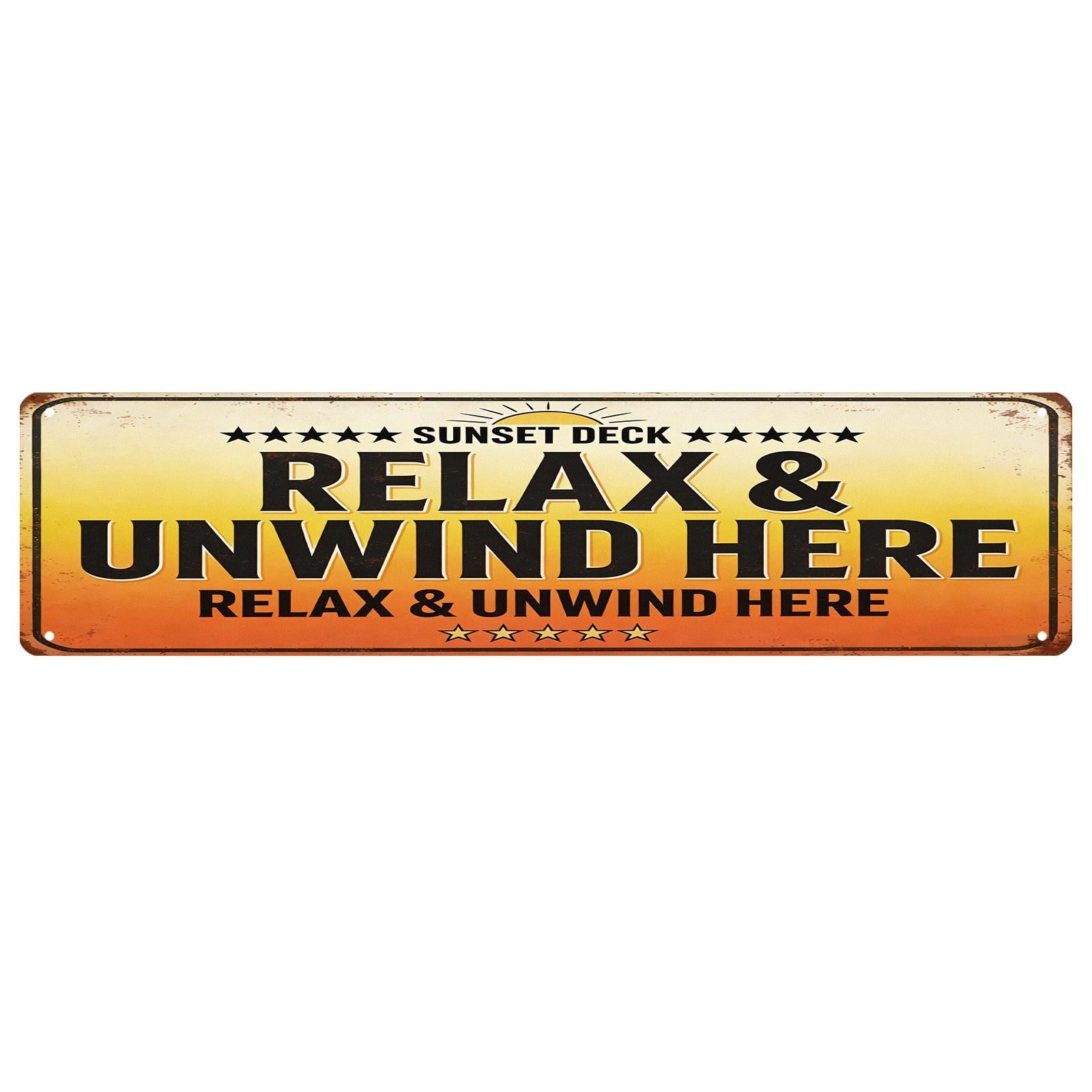 Vintage Sunset Deck Metallschild mit der Aufschrift „Relax And Unwind Here“ und Sonnenstrahlen für…