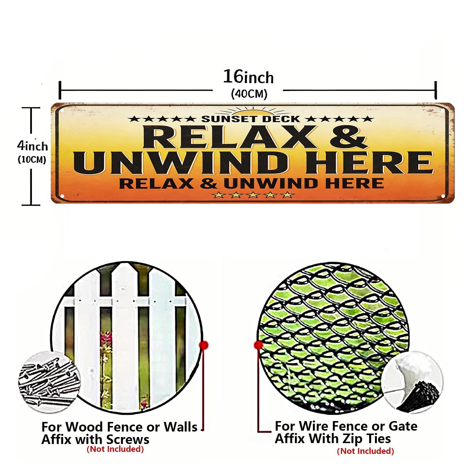 Vintage Sunset Deck Metallschild mit der Aufschrift „Relax And Unwind Here“ und Sonnenstrahlen für…