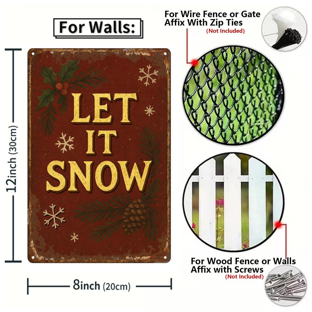 Vintage „Let It Snow“ Weihnachts-Metallschild mit Schneeflocken- und Stechpalmenmuster für den Innenbereich…