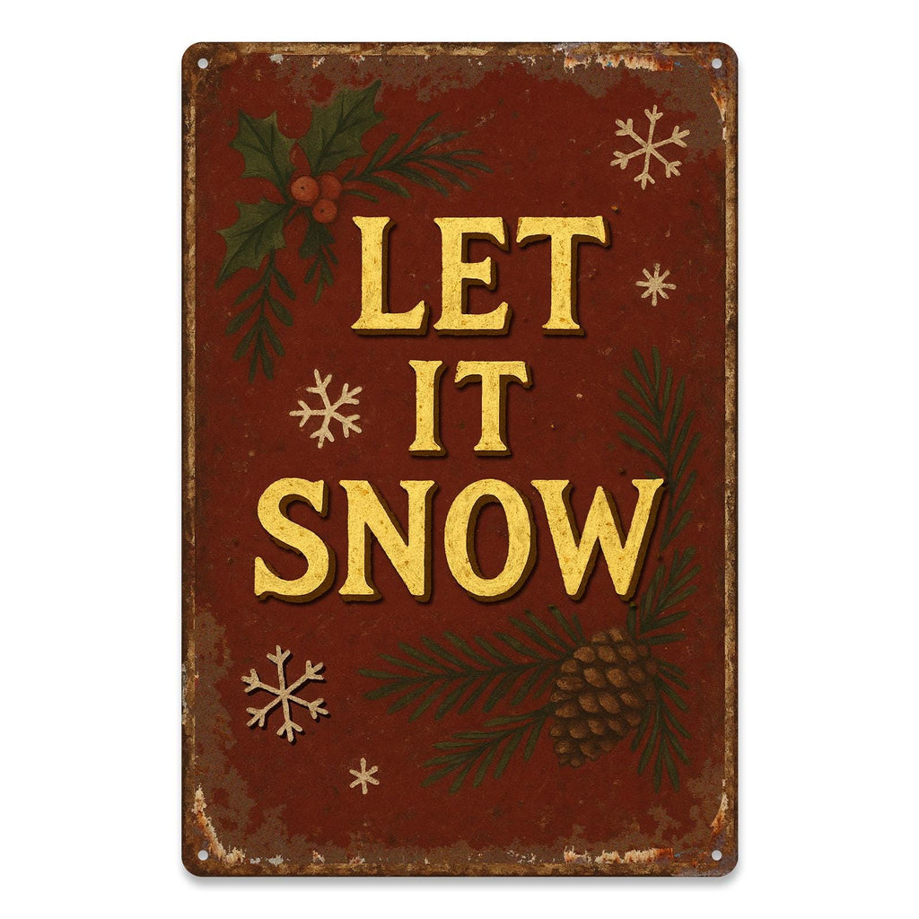 Vintage „Let It Snow“ Weihnachts-Metallschild mit Schneeflocken- und Stechpalmenmuster für den Innenbereich…