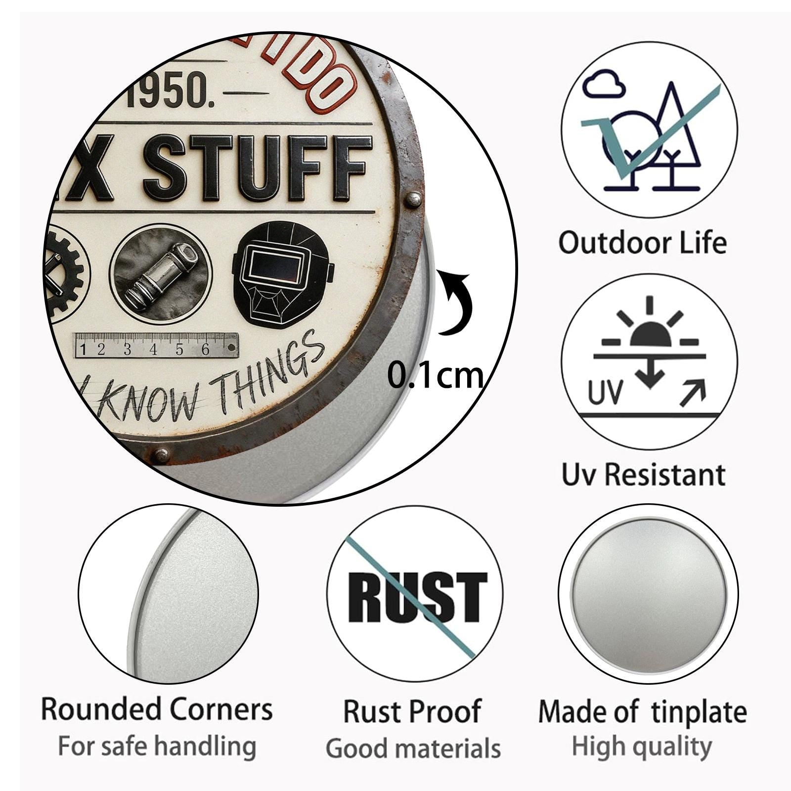 Vintage 1950s Handyman Metal Wall Sign with 'That's What I Do I Fix Stuff' Text and Tool Icons for Workshop or Garage Decor