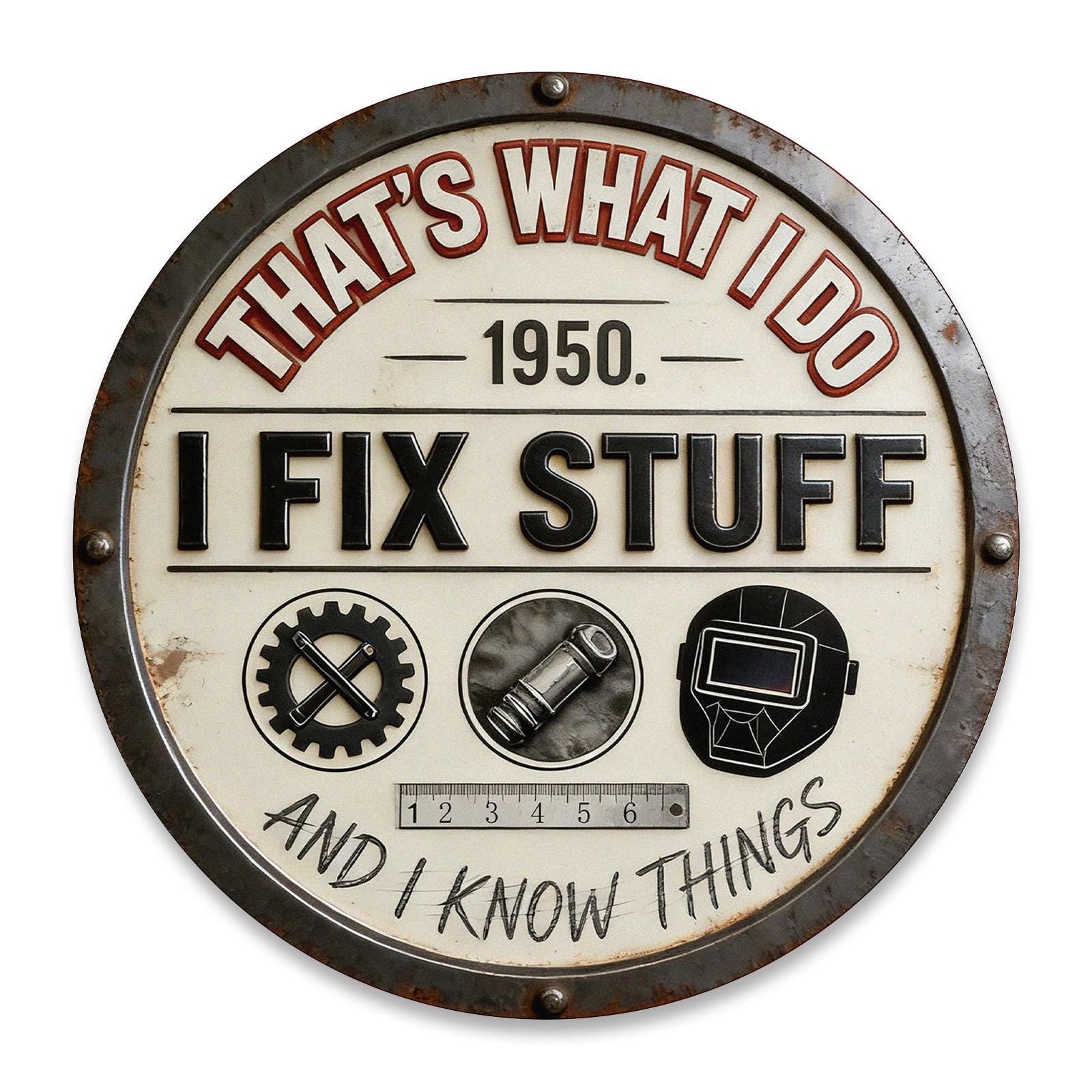 Vintage 1950s Handyman Metal Wall Sign with 'That's What I Do I Fix Stuff' Text and Tool Icons for Workshop or Garage Decor