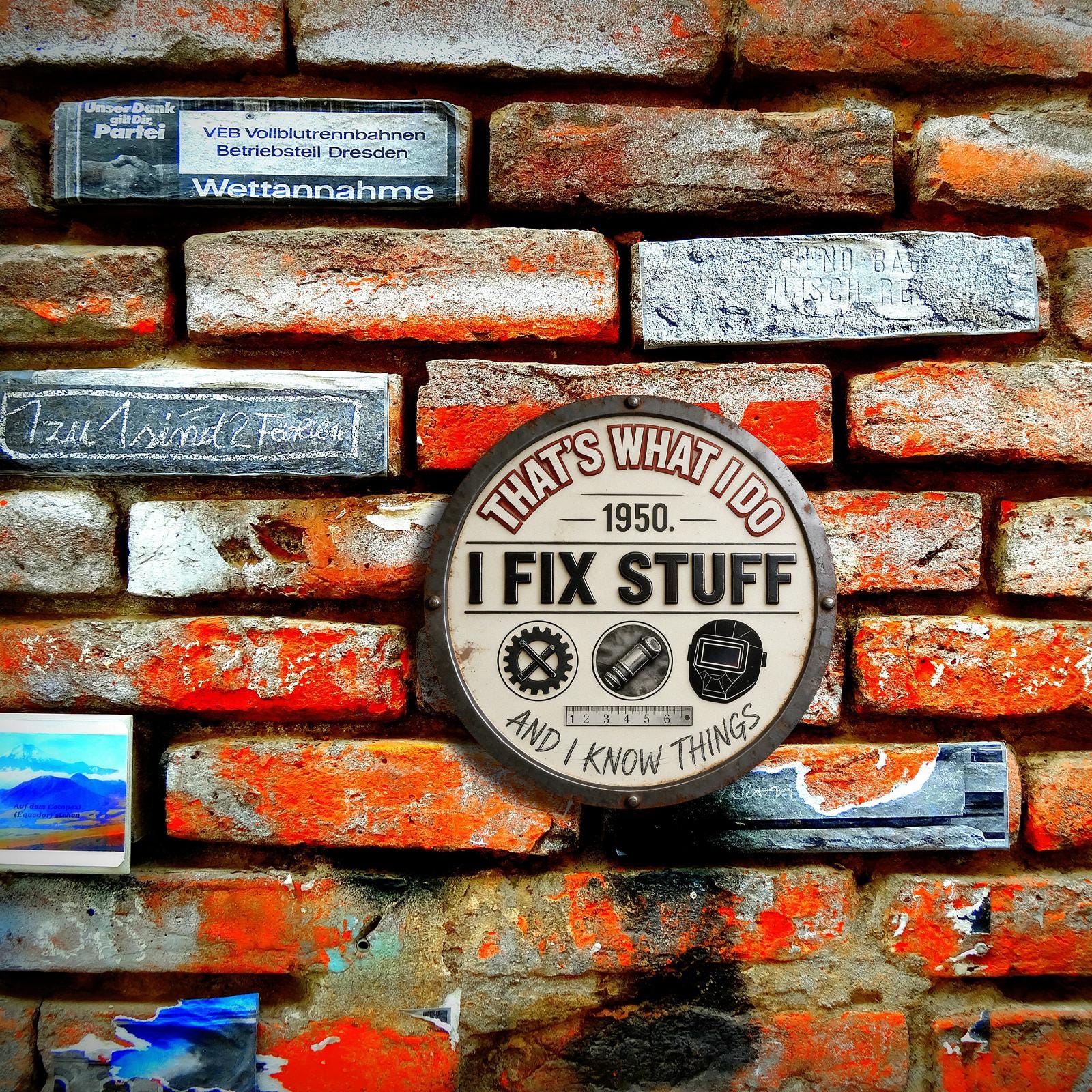 Vintage 1950s Handyman Metal Wall Sign with 'That's What I Do I Fix Stuff' Text and Tool Icons for Workshop or Garage Decor