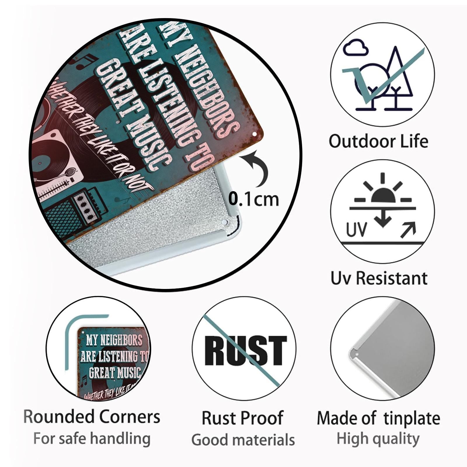 Vintage Music Lover Metal Sign with Vinyl and Headphones, 'My Neighbors Listen to Great Music' Blue Wall Art for Bedroom or Living Room