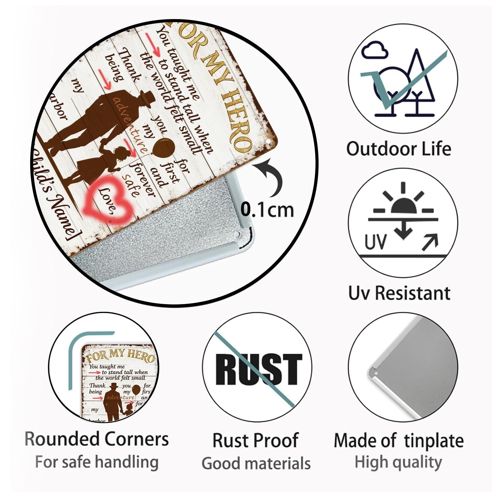 My Hero Father Daughter Metal Sign with Silhouette, Heart and Anchor Design for Dad, Rustic Home Decor Gift