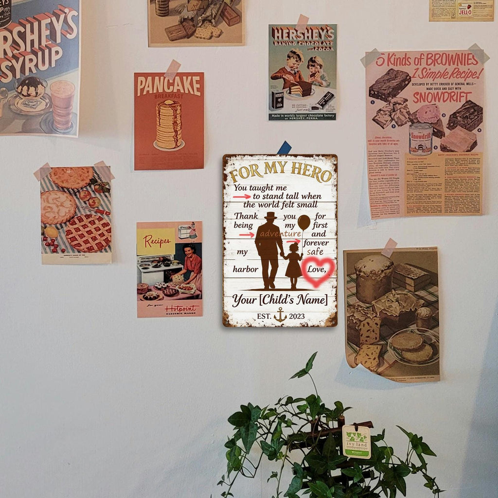 My Hero Father Daughter Metal Sign with Silhouette, Heart and Anchor Design for Dad, Rustic Home Decor Gift