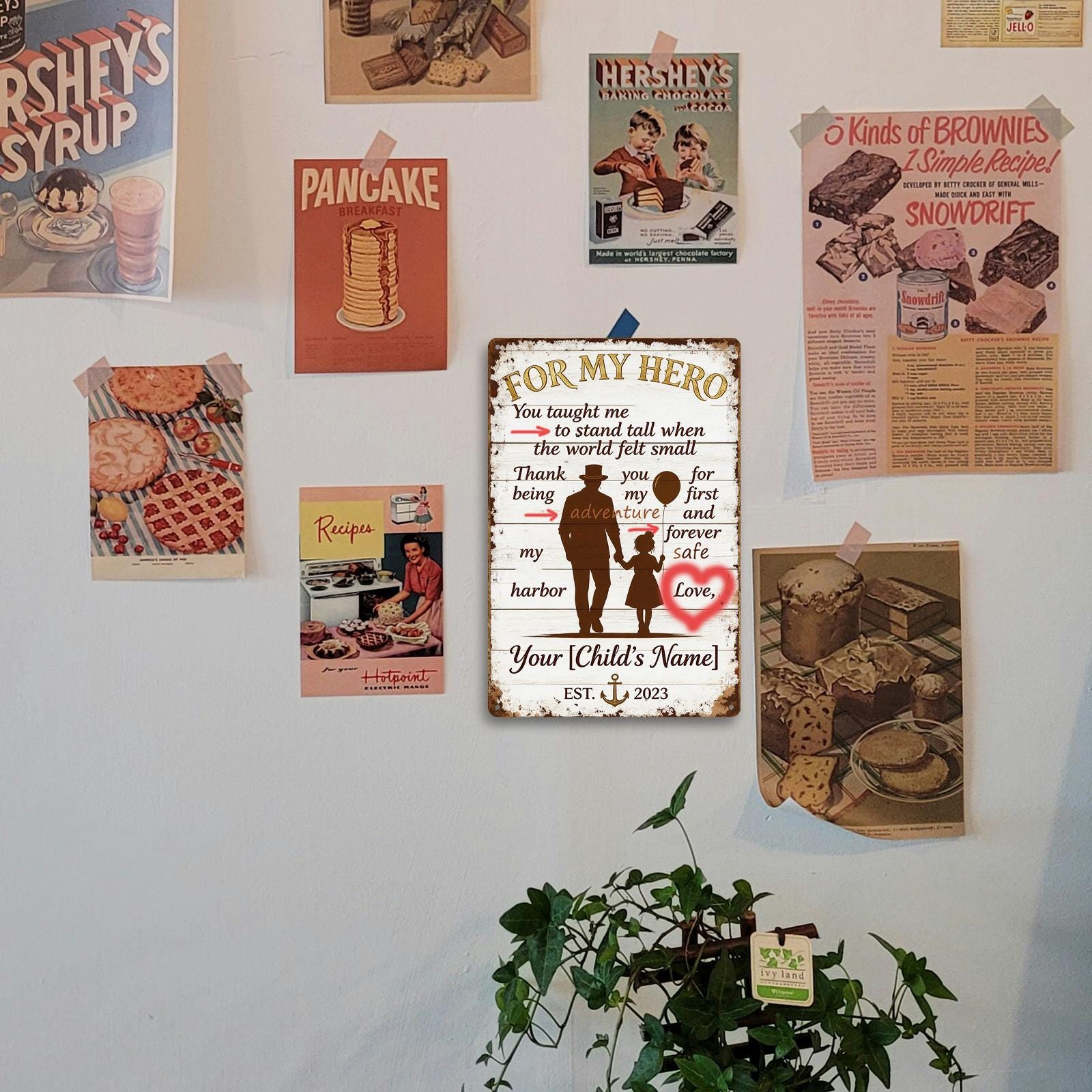 My Hero Father Daughter Metal Sign with Silhouette, Heart and Anchor Design for Dad, Rustic Home Decor Gift