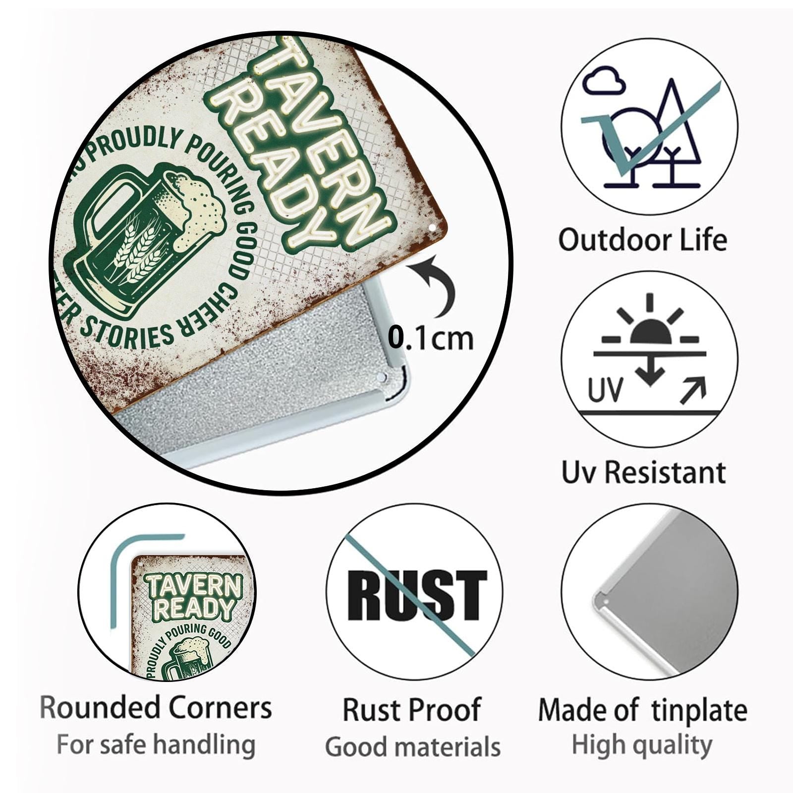 Vintage ‘Tavern Ready’ Beer Mug Metal Sign with Green Text, Rustic Bar Decor for Home Pub or Restaurant Wall Art