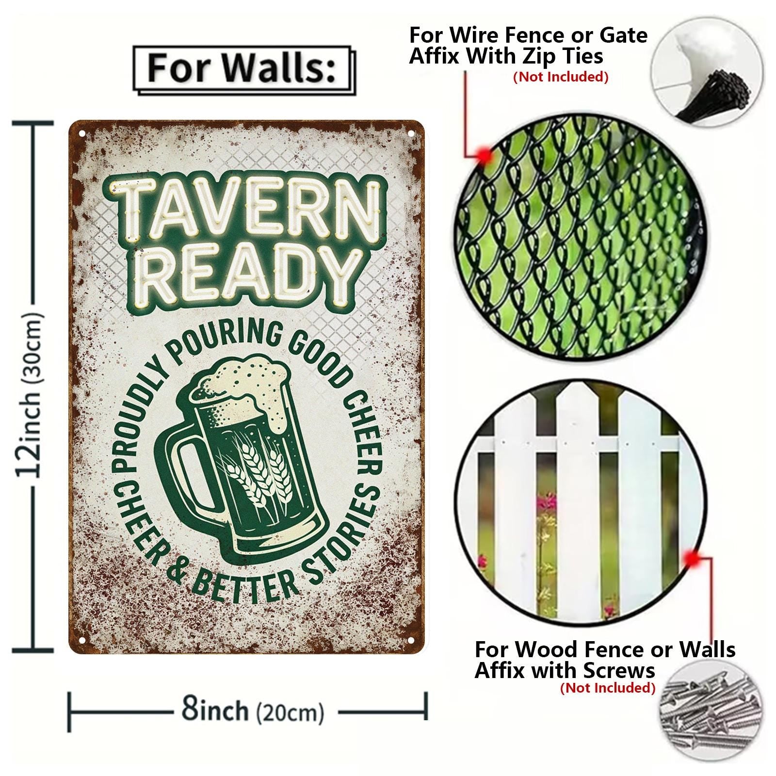 Vintage ‘Tavern Ready’ Beer Mug Metal Sign with Green Text, Rustic Bar Decor for Home Pub or Restaurant Wall Art