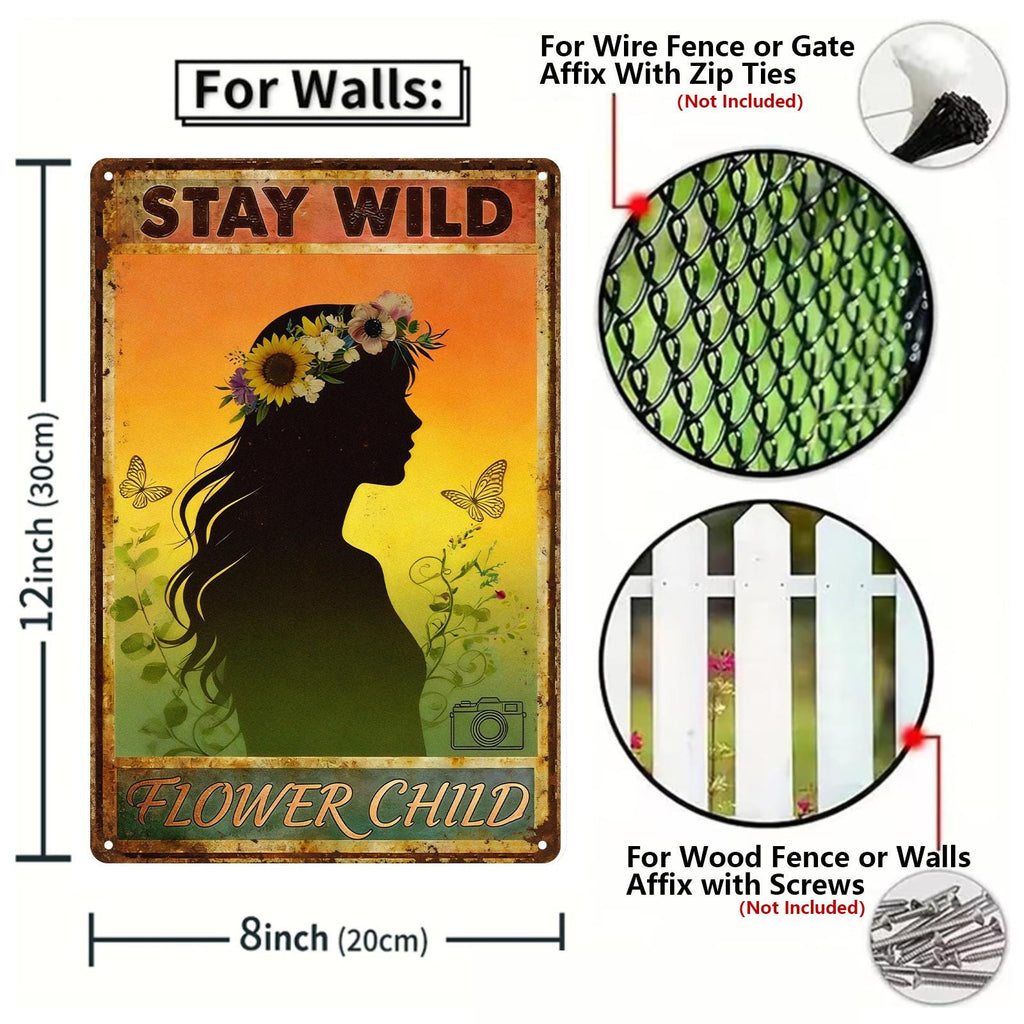 Vintage Metallschild "Stay Wild Flower Child" mit Silhouette, Blumen und Schmetterlingen für …