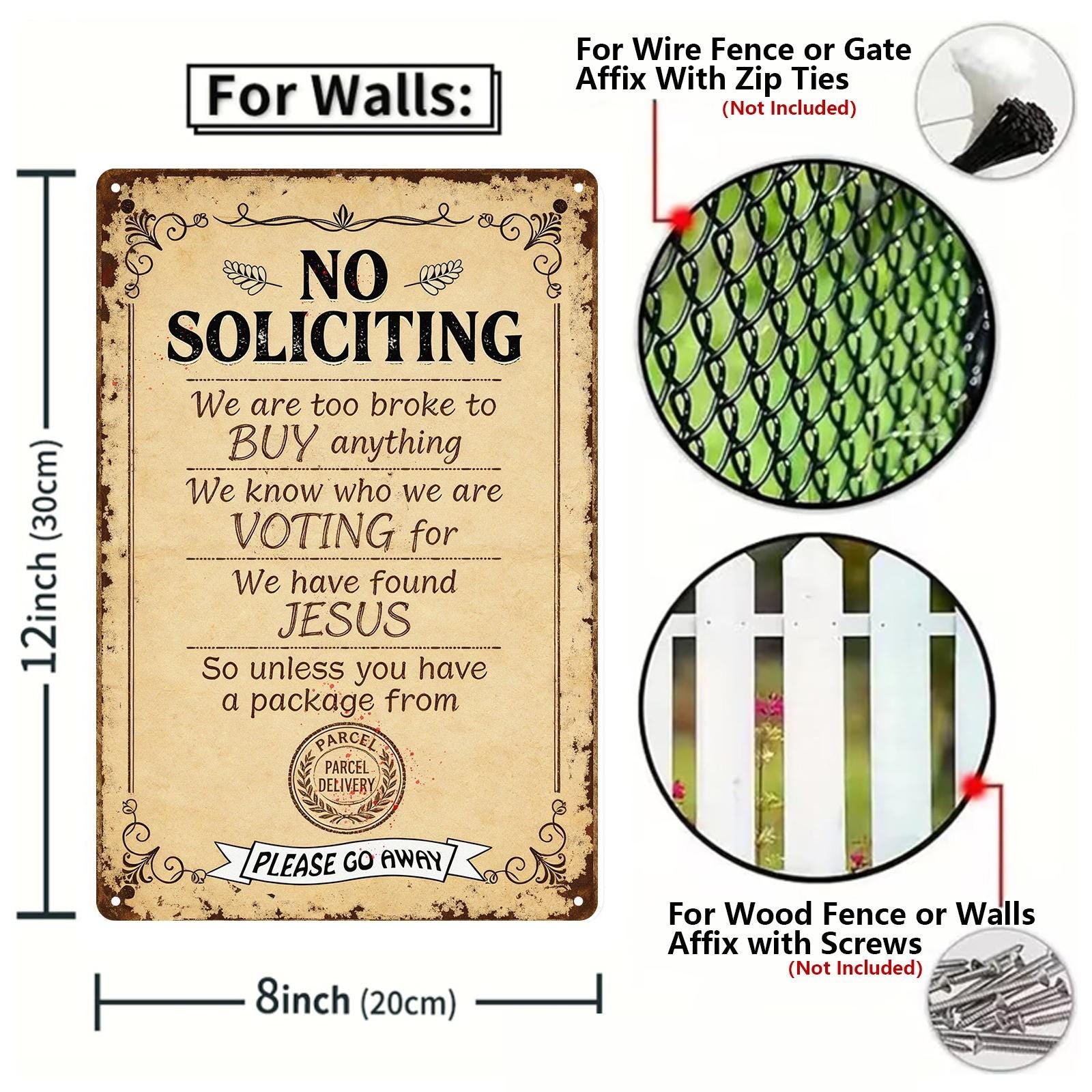 Vintage Funny No Soliciting Door Sign with Humorous Rules for Front Porch, Rustic Metal Home Decor for Outdoor Use