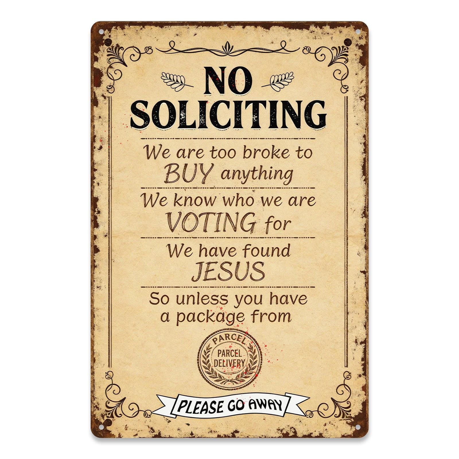 Vintage Funny No Soliciting Door Sign with Humorous Rules for Front Porch, Rustic Metal Home Decor for Outdoor Use