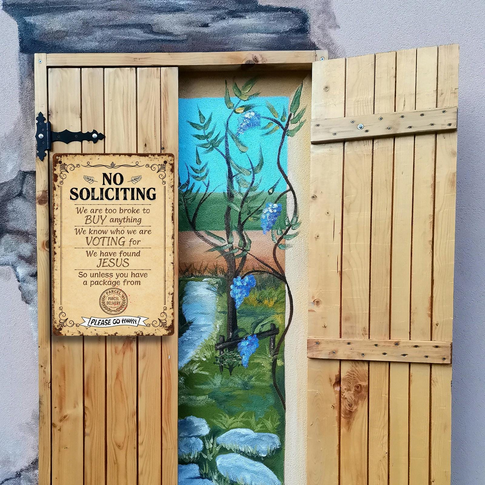 Vintage Funny No Soliciting Door Sign with Humorous Rules for Front Porch, Rustic Metal Home Decor for Outdoor Use