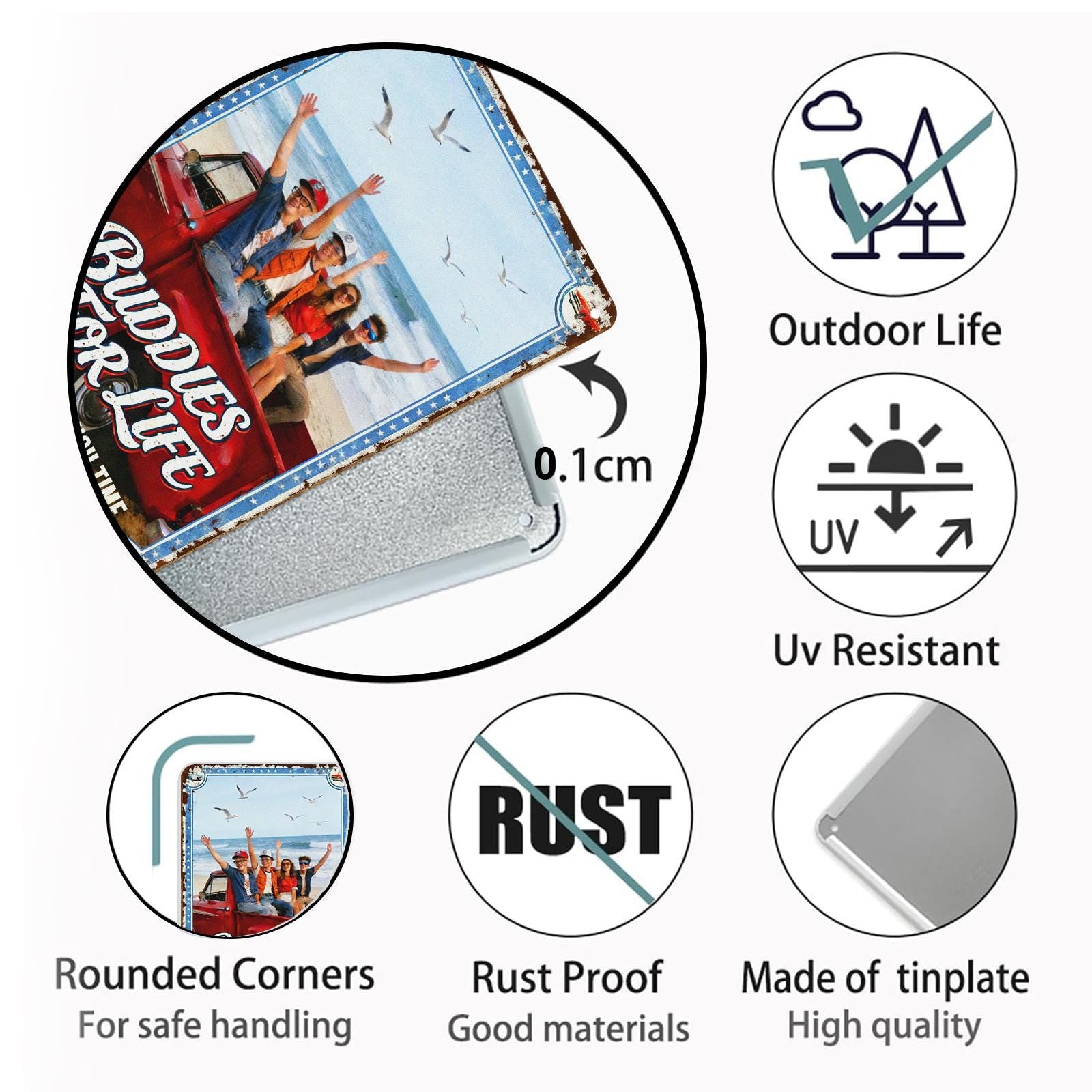 Vintage 'Buddies For Life' Metal Sign with Cruising Truck Beach Scene for Patio or Man Cave, Retro Outdoor Decor