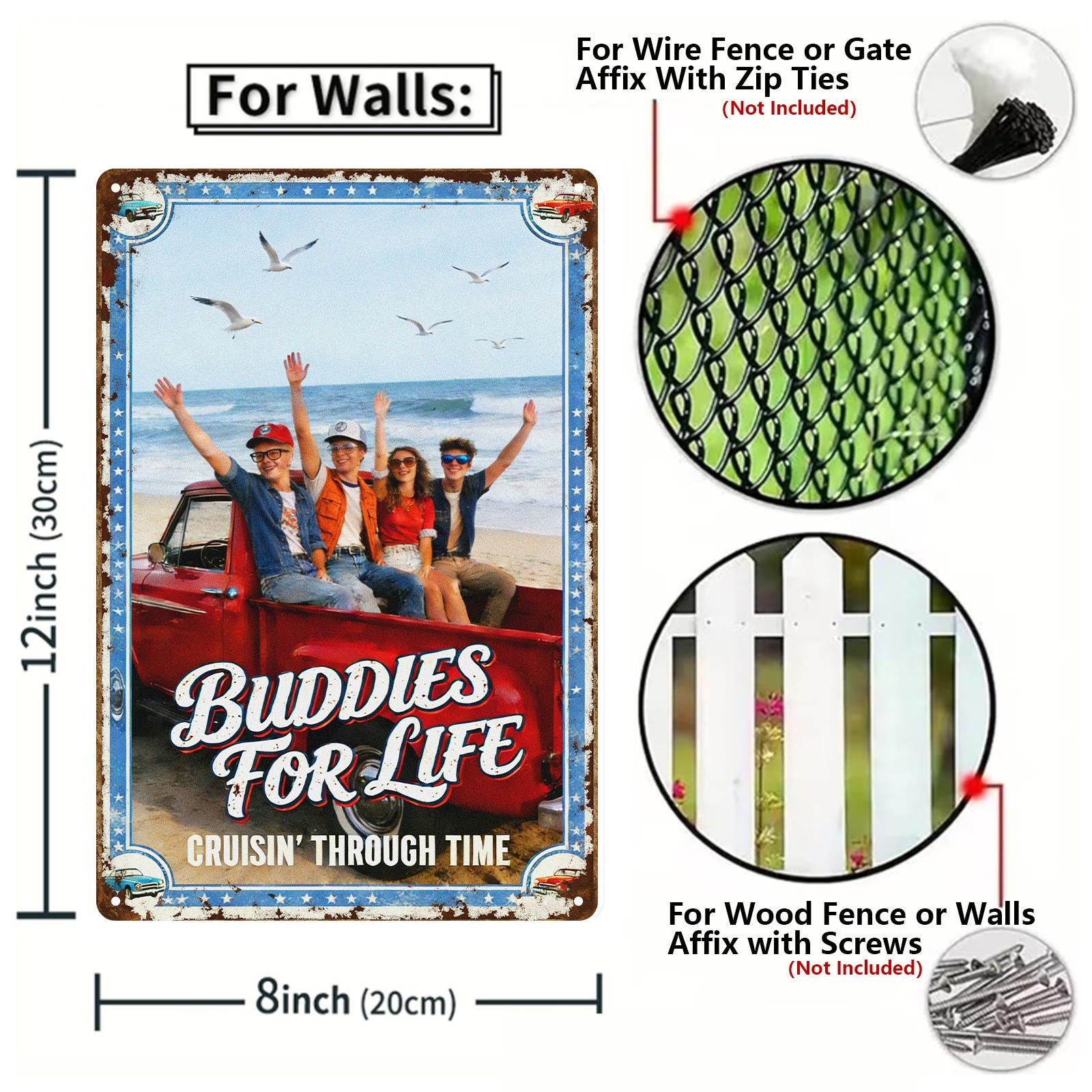 Vintage 'Buddies For Life' Metal Sign with Cruising Truck Beach Scene for Patio or Man Cave, Retro Outdoor Decor