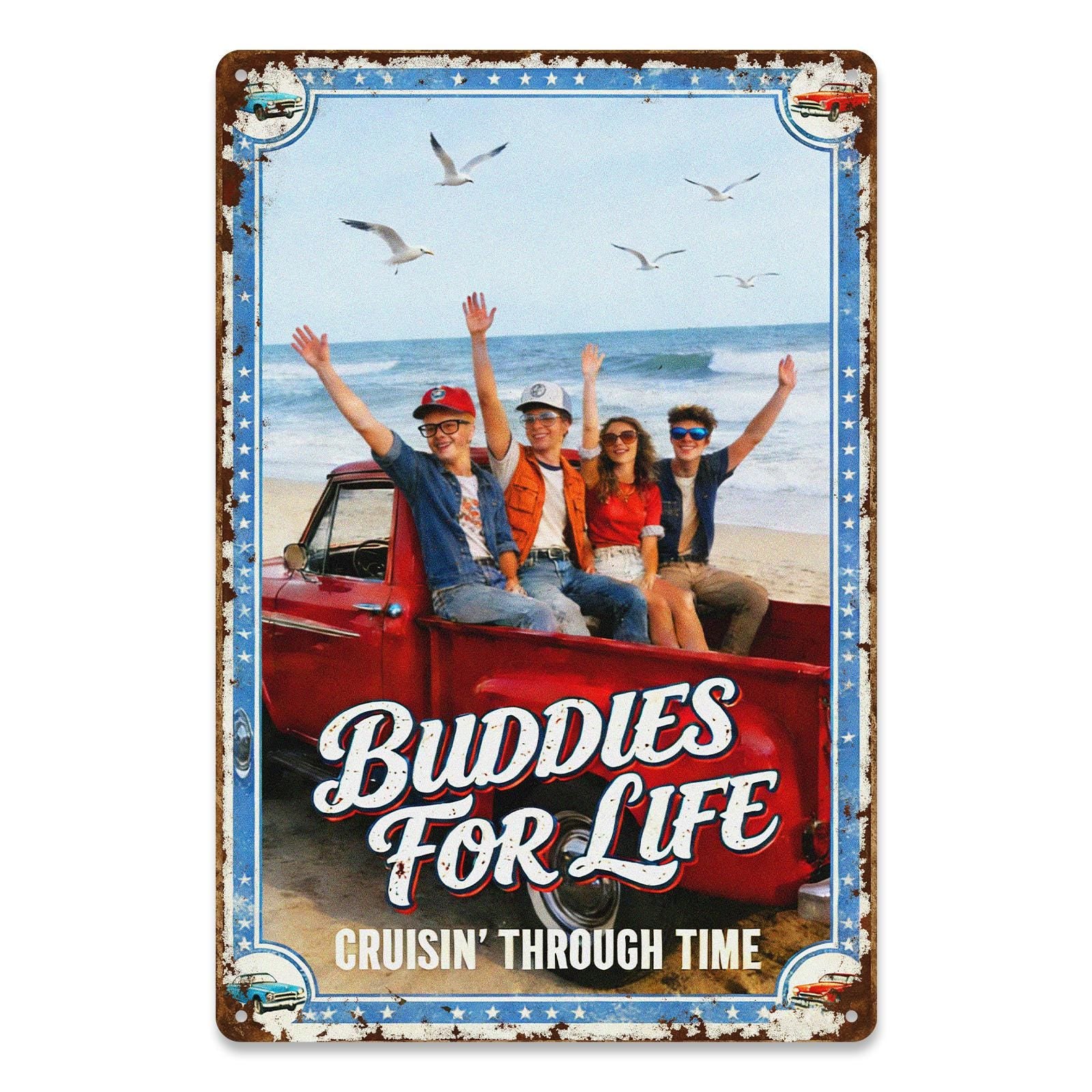 Vintage 'Buddies For Life' Metal Sign with Cruising Truck Beach Scene for Patio or Man Cave, Retro Outdoor Decor