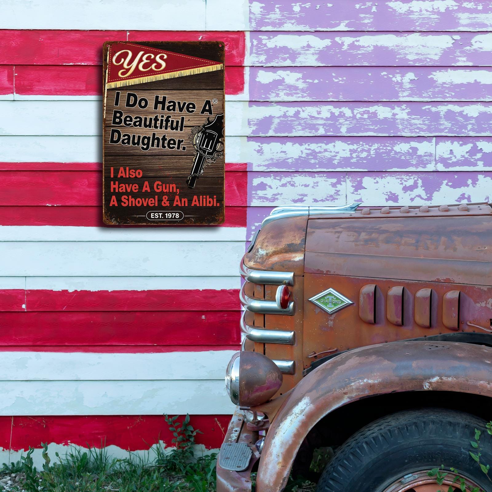 Vintage Humorous Father Daughter Metal Sign with Pistol Graphic for Garage or Man Cave, Brown Rustic Wall Art Decor