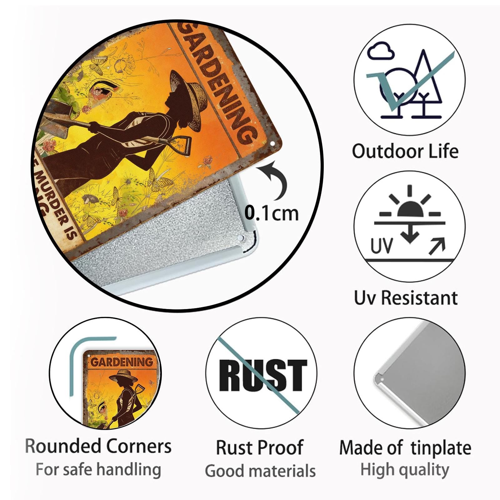 Vintage Gardening Humor Metal Sign with Flower and Shovel Lady Design, Rustic Orange and Brown Garden Wall Decor