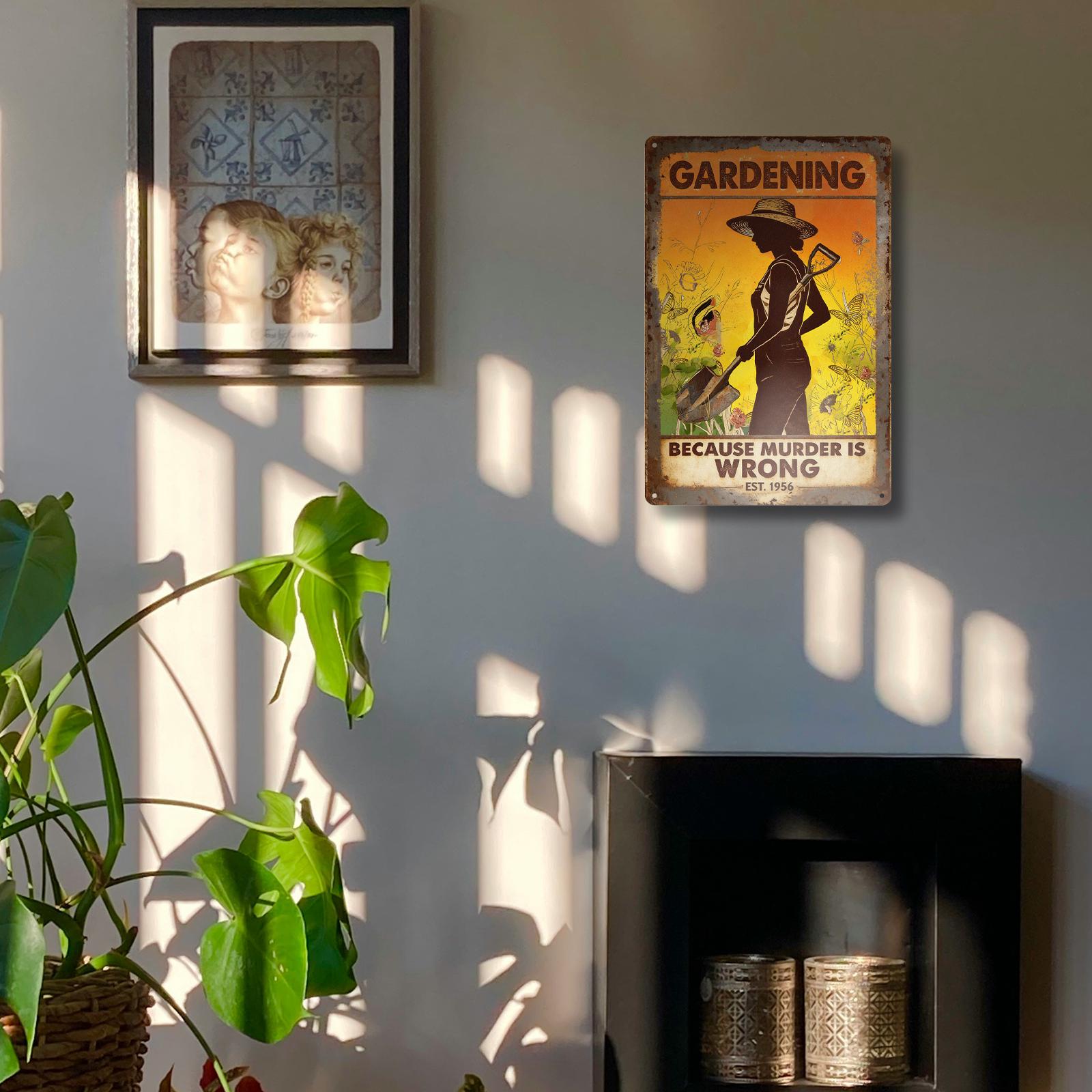 Vintage Gardening Humor Metal Sign with Flower and Shovel Lady Design, Rustic Orange and Brown Garden Wall Decor