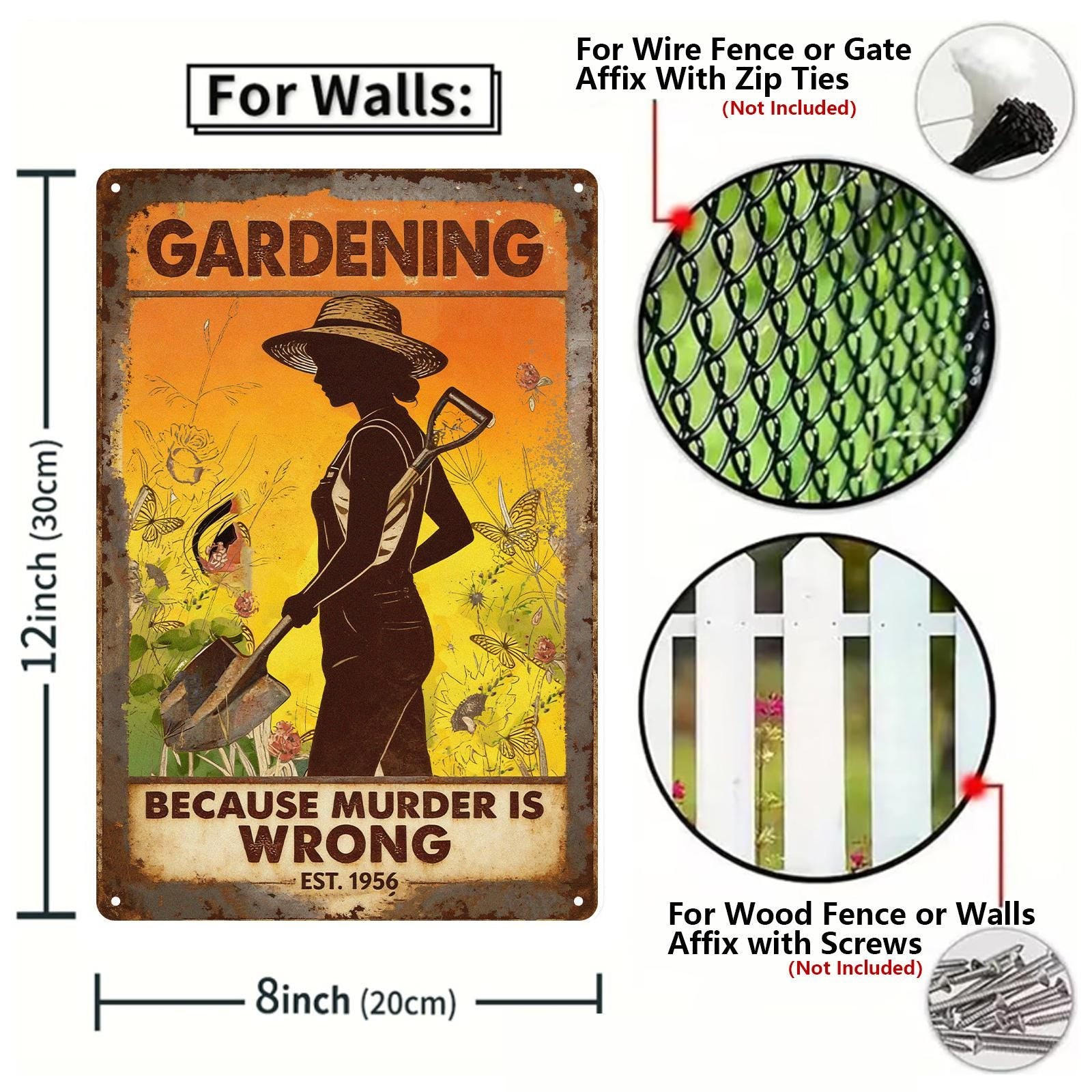 Vintage Gardening Humor Metal Sign with Flower and Shovel Lady Design, Rustic Orange and Brown Garden Wall Decor