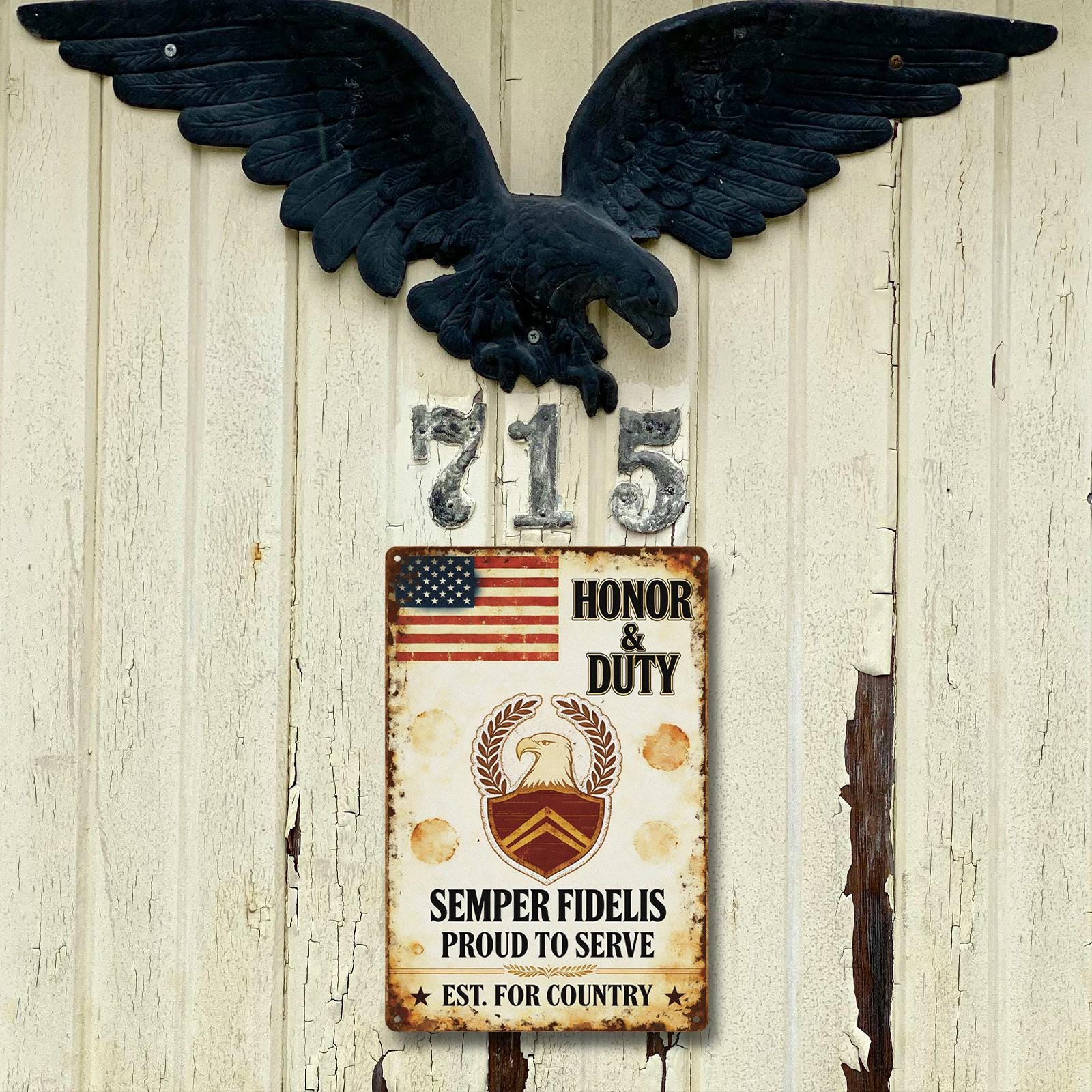 Vintage Military Metal Sign with American Eagle, Flag and 'Honor Duty' Text, Rustic Patriotic Decor for Home or Office