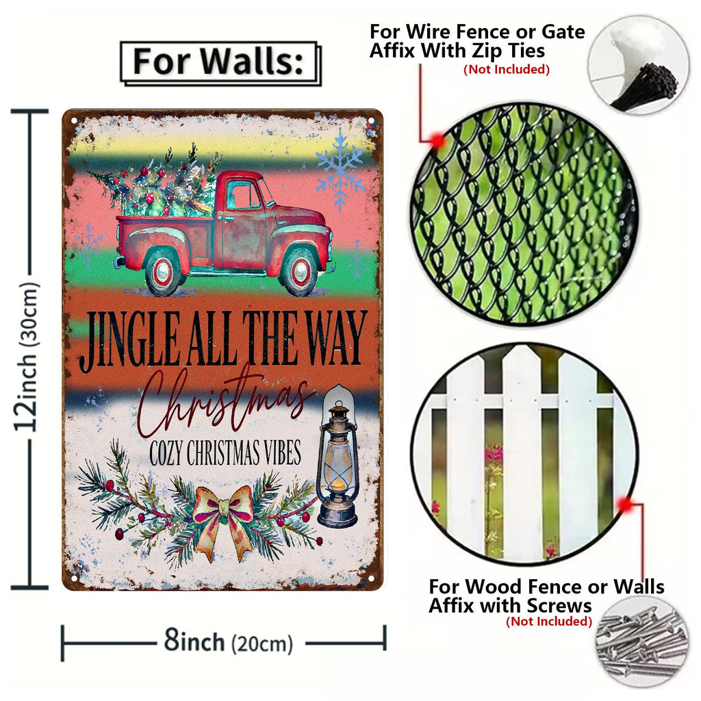 Vintage Rustikaler LKW Weihnachts-Metallschild mit Baum und Laterne, „Jingle All The Way“ C…