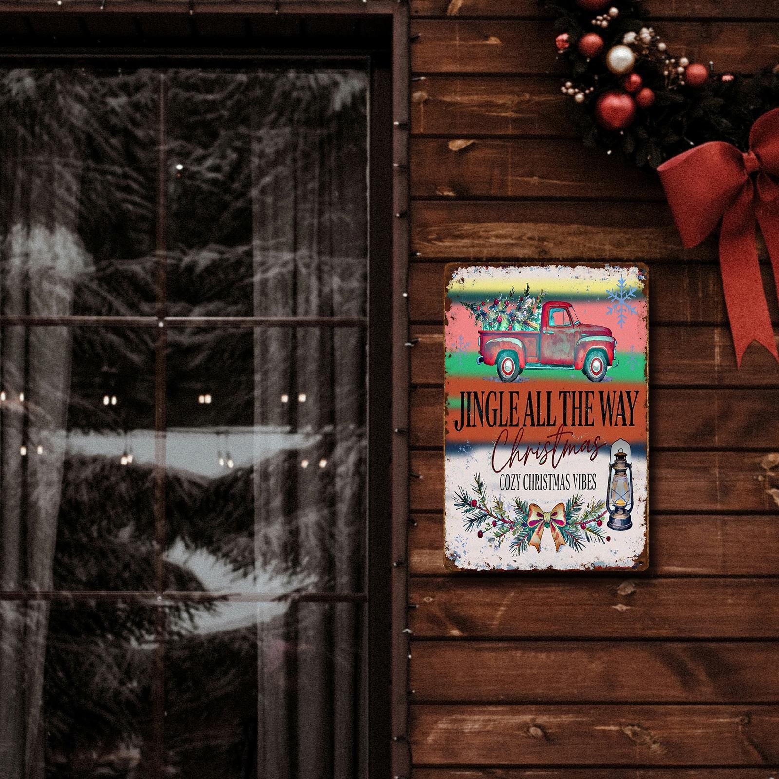 Vintage Rustic Truck Christmas Metal Sign with Tree and Lantern, 'Jingle All The Way' Cozy Holiday Wall Decor for Home