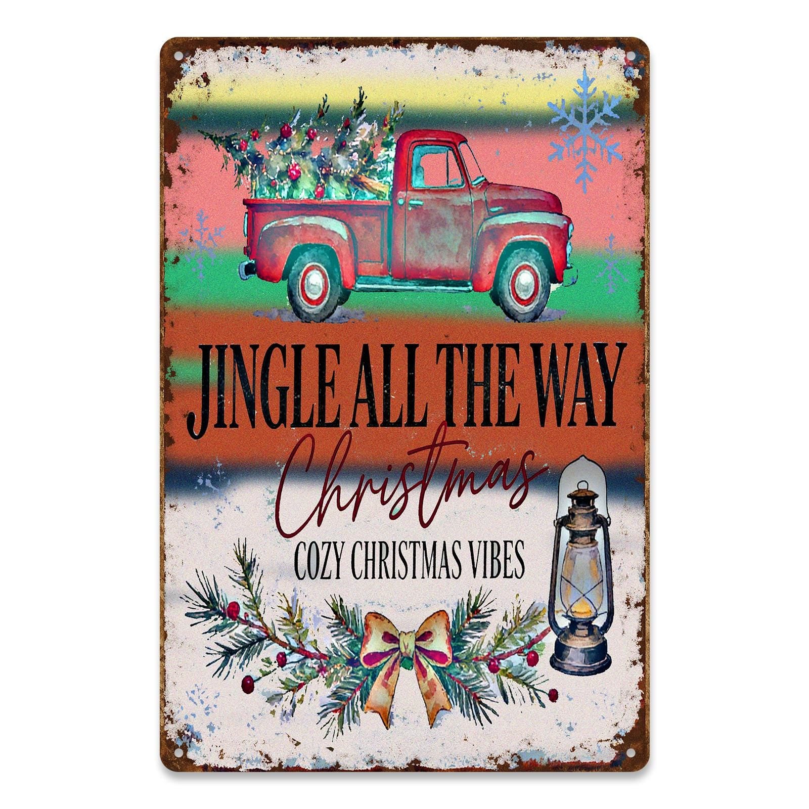Vintage Rustic Truck Christmas Metal Sign with Tree and Lantern, 'Jingle All The Way' Cozy Holiday Wall Decor for Home