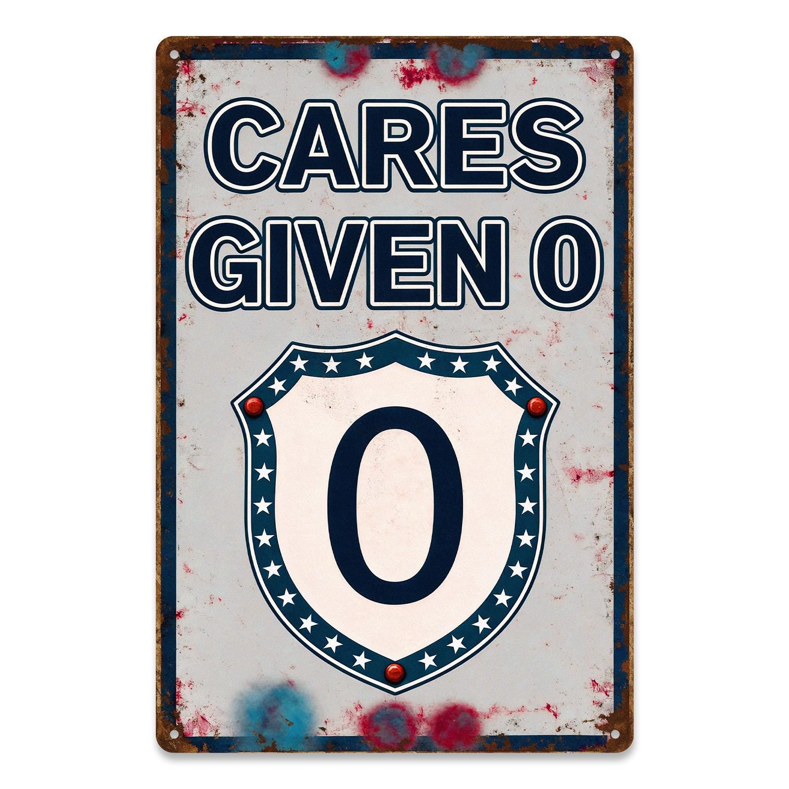 Vintage 'Cares Given 0' Shield Design Metal Sign with Stars, White Blue Red Retro Wall Decor for Home or Gift