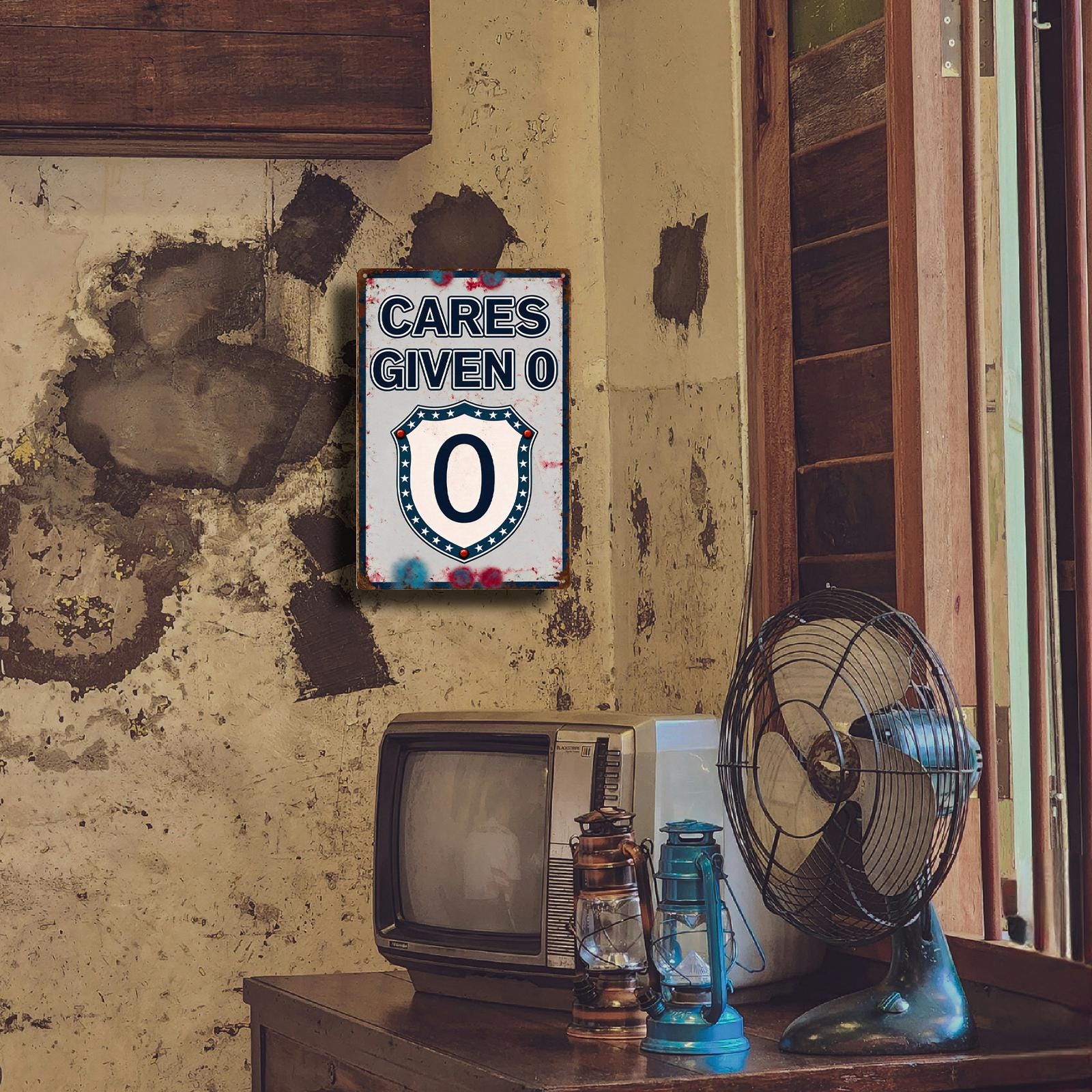 Vintage 'Cares Given 0' Shield Design Metal Sign with Stars, White Blue Red Retro Wall Decor for Home or Gift