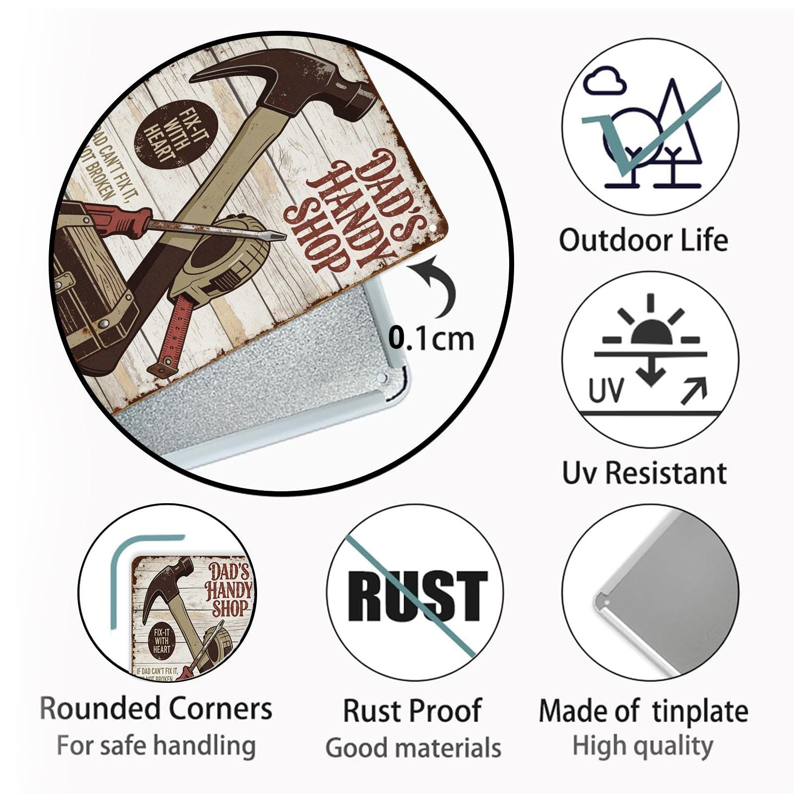 Vintage Dad's Handy Shop Metal Sign with Tools, Rustic Brown Garage or Workshop Wall Decor Gift