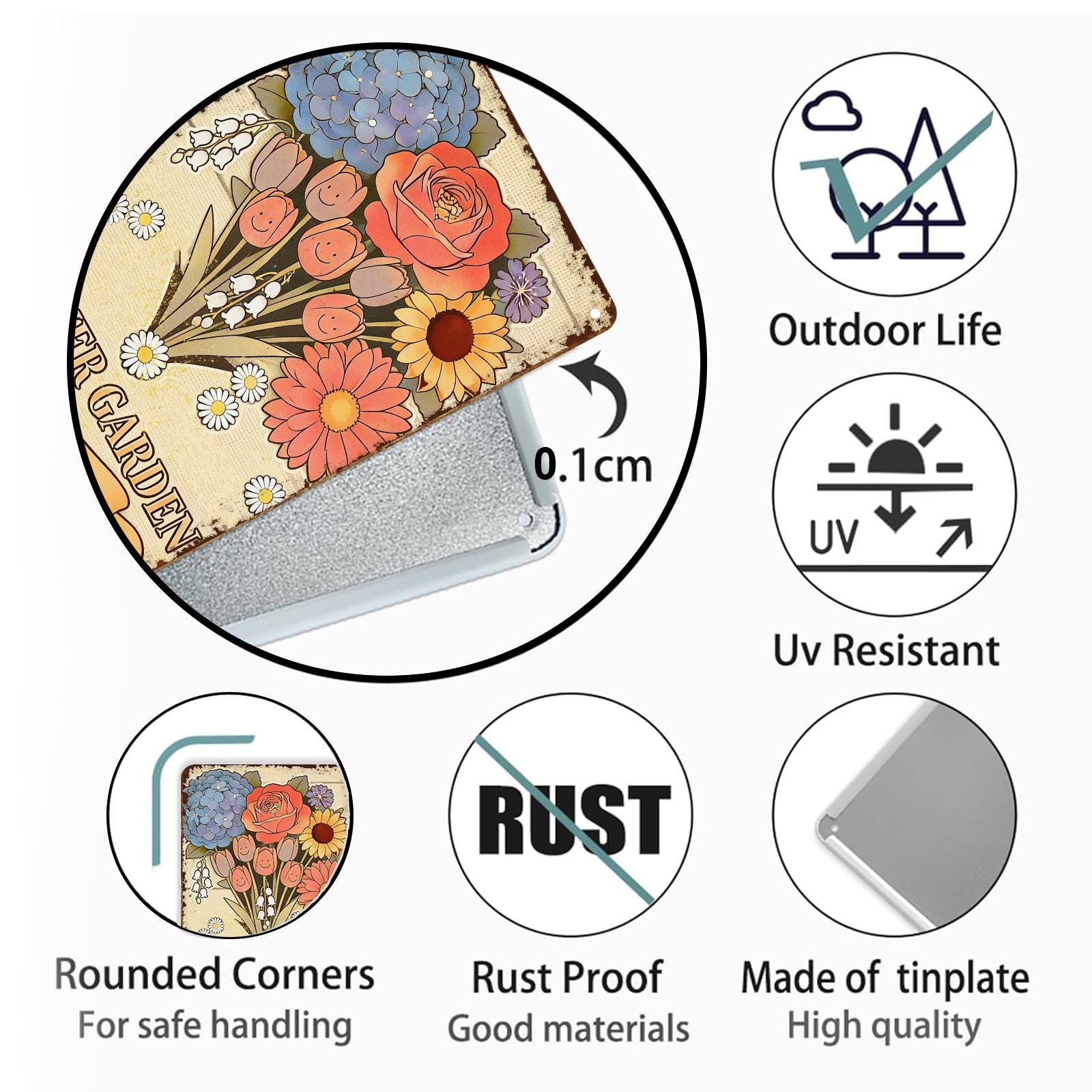 Vintage Floral Bouquet Metal Sign with Roses, Tulips and Daisies, Rustic Garden Wall Art for Home or Outdoor Decor