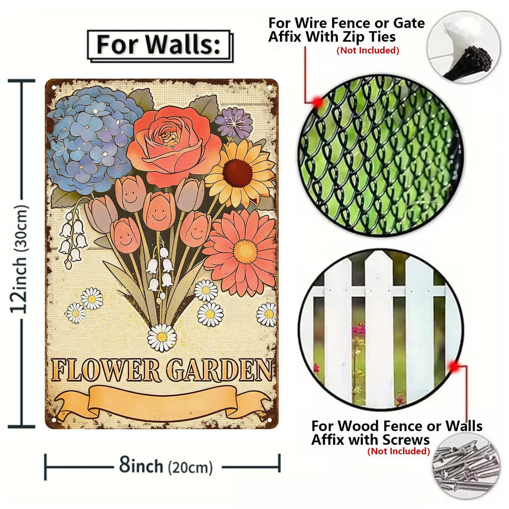 Vintage Blumenstrauß-Metallschild mit Rosen, Tulpen und GänseblümchenRustikale Garten-Wandkunst…