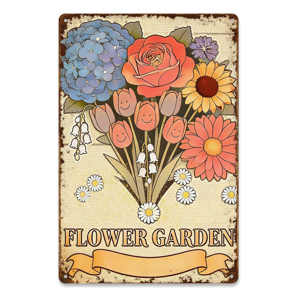 Vintage Blumenstrauß-Metallschild mit Rosen, Tulpen und GänseblümchenRustikale Garten-Wandkunst…
