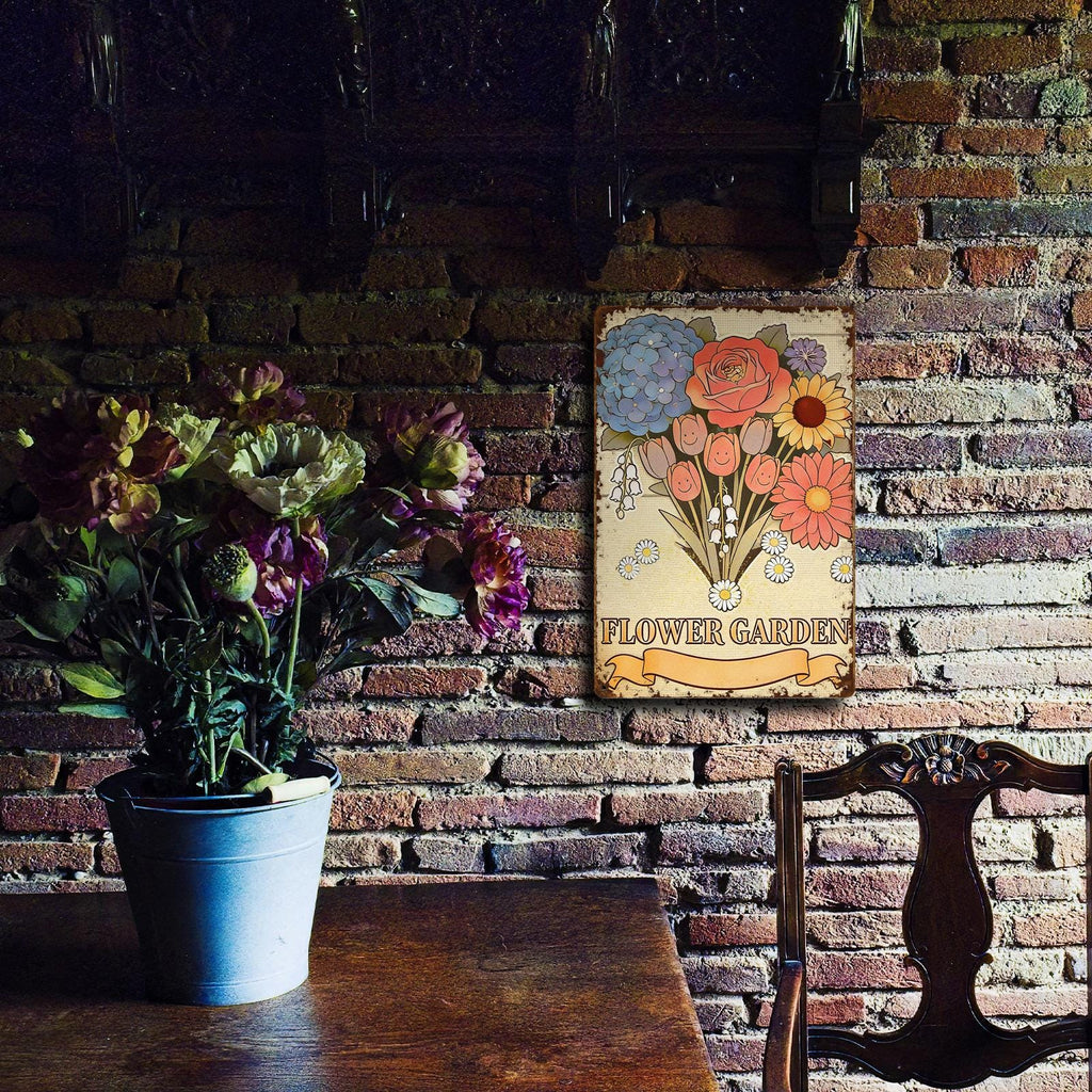 Vintage Blumenstrauß-Metallschild mit Rosen, Tulpen und GänseblümchenRustikale Garten-Wandkunst…