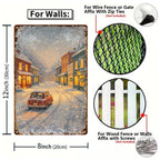 Panneau métallique de rue de ville d'hiver vintage avec scène enneigée et voiture rougeDécoration murale de Noël rustique…