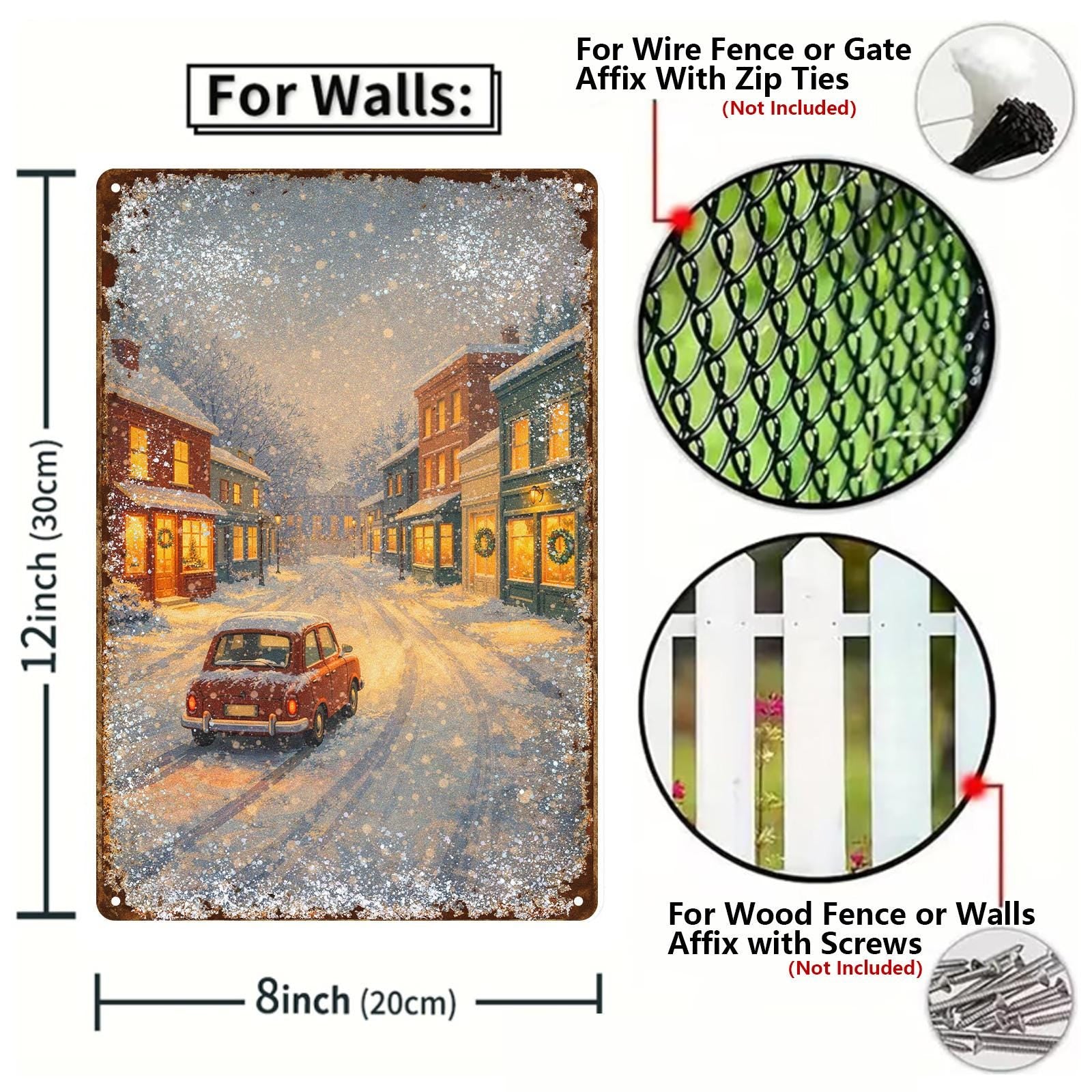 Panneau métallique de rue de ville d'hiver vintage avec scène enneigée et voiture rougeDécoration murale de Noël rustique…