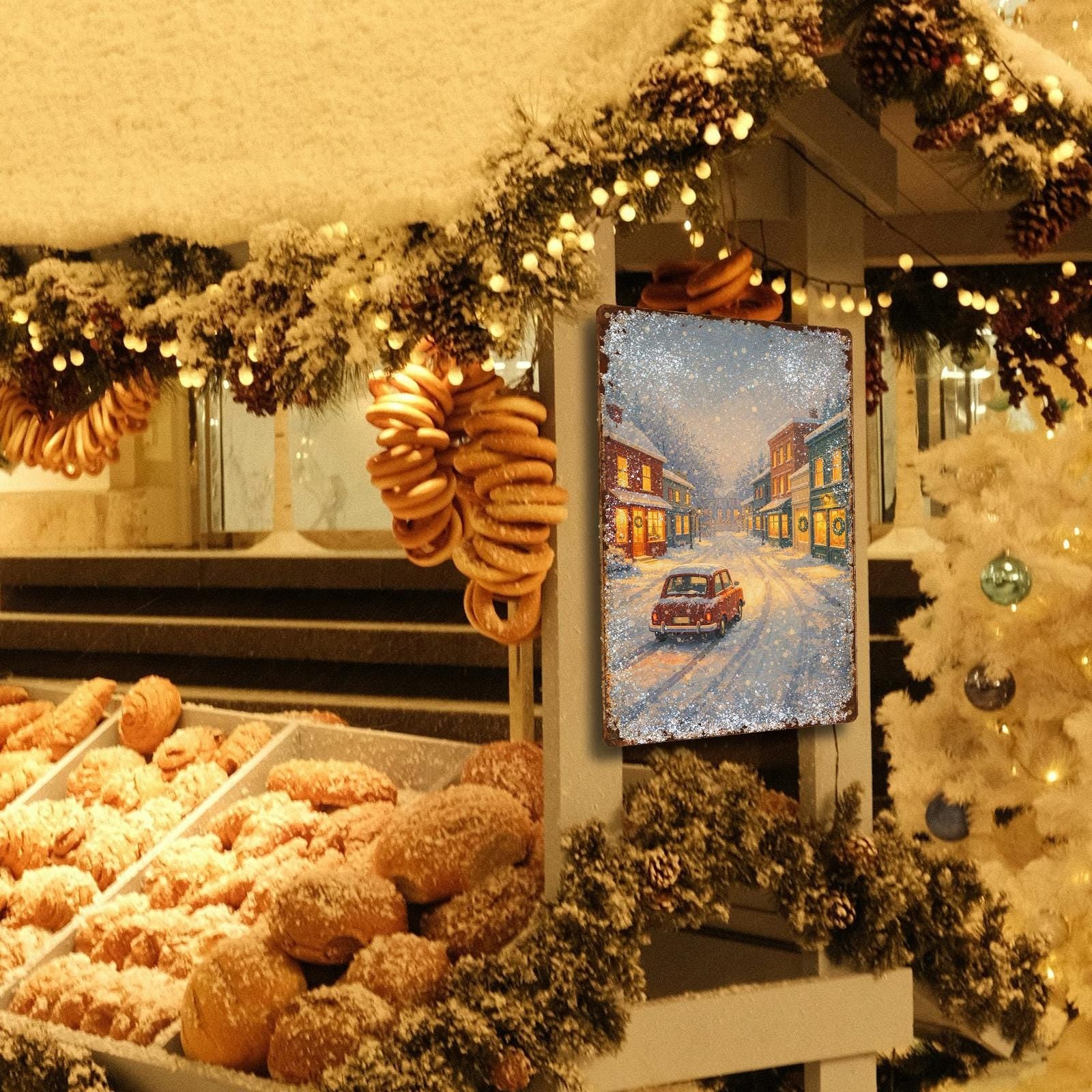Panneau métallique de rue de ville d'hiver vintage avec scène enneigée et voiture rougeDécoration murale de Noël rustique…